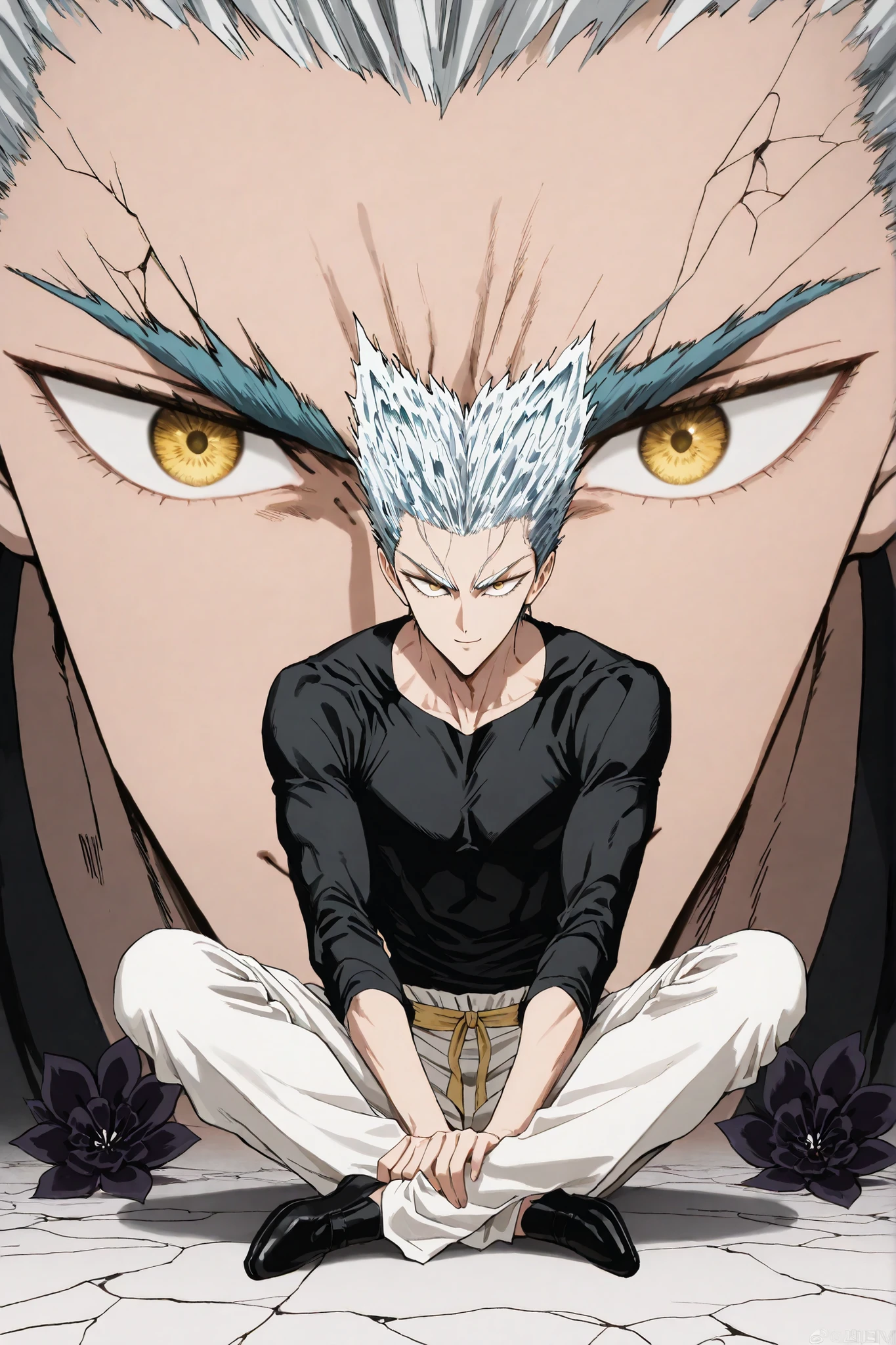 1인 man, animated character sitting on the floor, 마법 회전 그림 속 handsome man, color dispersion, Magical Rotation Style, handsome , Former Devil King , Detailed Fan Art , 풀 컬러 illustration레이션 , Clean Line Drawing and Color , 죽음의 아름다운 man, Great Character Design, Dark Flower Xiamen, Krenz Cushart and Asher Duran One Punch Man Garo, Immaculate appearance, silver hair, sharp eyesight, close-up. torn tops, Relaxing appearance. dramatic contrast, High quality animation art style, Detailed skin texture, Perfect Composition. yellow eyes., man, UHD, masterpiece, intricate details, high resolution
hyper detail super detail, highres high resolution, high quality, finely detailed beautiful eyes and detailed face, best quality, 4k, masculine, full body, 18 years old, young man, young, A healthy body with body proportions revealed between exemplary, adult, white pants, Black tee,Neat oll white hair, yellow eyes, simple black flat shoes, Background of cracks, Referring to Murata's picture, illustration, fan art,Anime character with soft smiling face, comfortable position, clear face, delicate face, delicate expression, Short hair length , yellow waistband, close-up, forest background