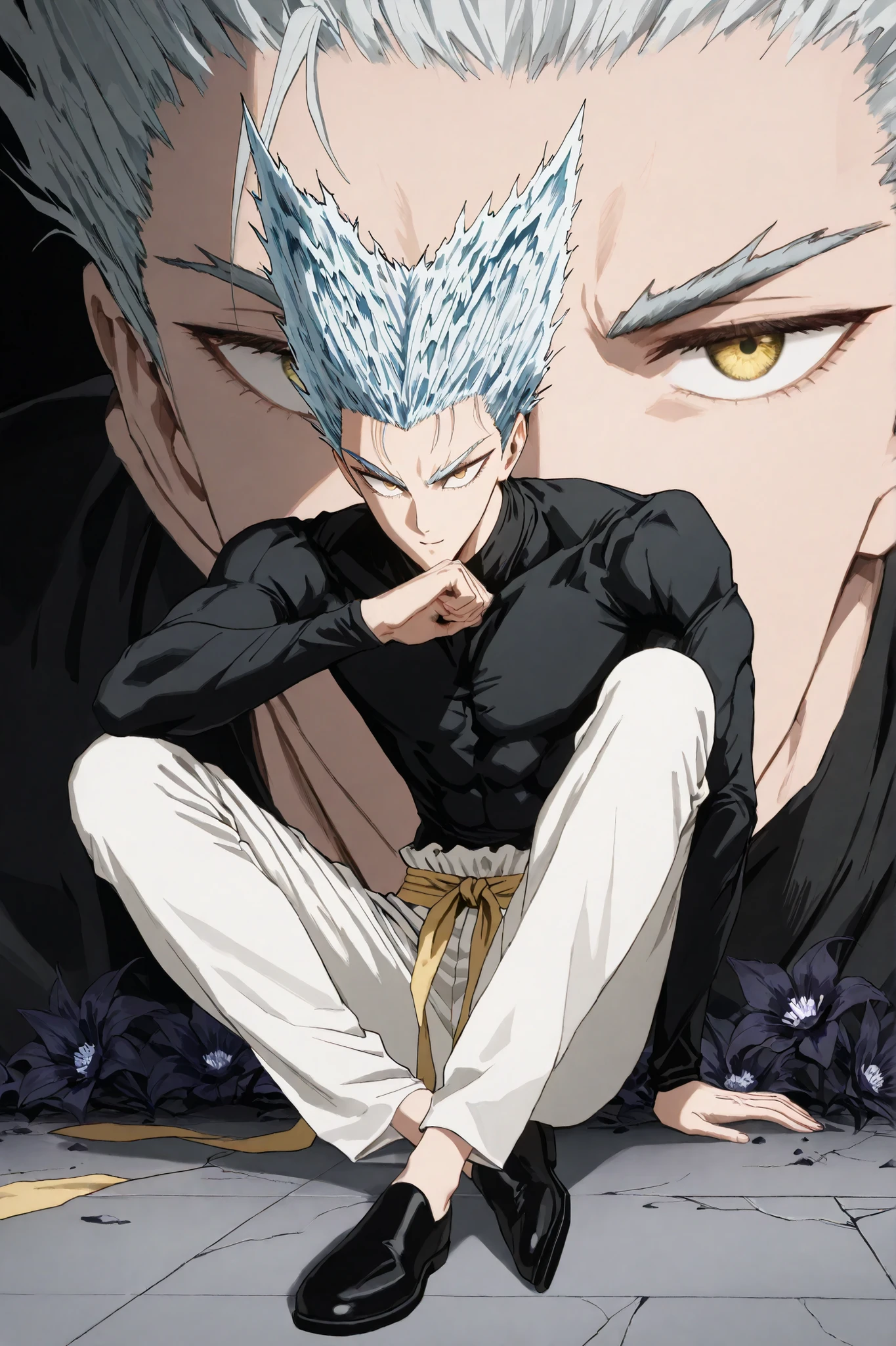 1인 man, animated character sitting on the floor, 마법 회전 그림 속 handsome man, color dispersion, Magical Rotation Style, handsome , Former Devil King , Detailed Fan Art , 풀 컬러 illustration레이션 , Clean Line Drawing and Color , 죽음의 아름다운 man, Great Character Design, Dark Flower Xiamen, Krenz Cushart and Asher Duran One Punch Man Garo, Immaculate appearance, silver hair, sharp eyesight, close-up. torn tops, Relaxing appearance. dramatic contrast, High quality animation art style, Detailed skin texture, Perfect Composition. yellow eyes., man, UHD, masterpiece, intricate details, high resolution
hyper detail super detail, highres high resolution, high quality, finely detailed beautiful eyes and detailed face, best quality, 4k, masculine, full body, 18 years old, young man, young, A healthy body with body proportions revealed between exemplary, adult, white pants, Black tee,Neat oll white hair, yellow eyes, simple black flat shoes, Background of cracks, Referring to Murata's picture, illustration, fan art,Anime character with soft smiling face, comfortable position, clear face, delicate face, delicate expression, Short hair length , yellow waistband, close-up, forest background