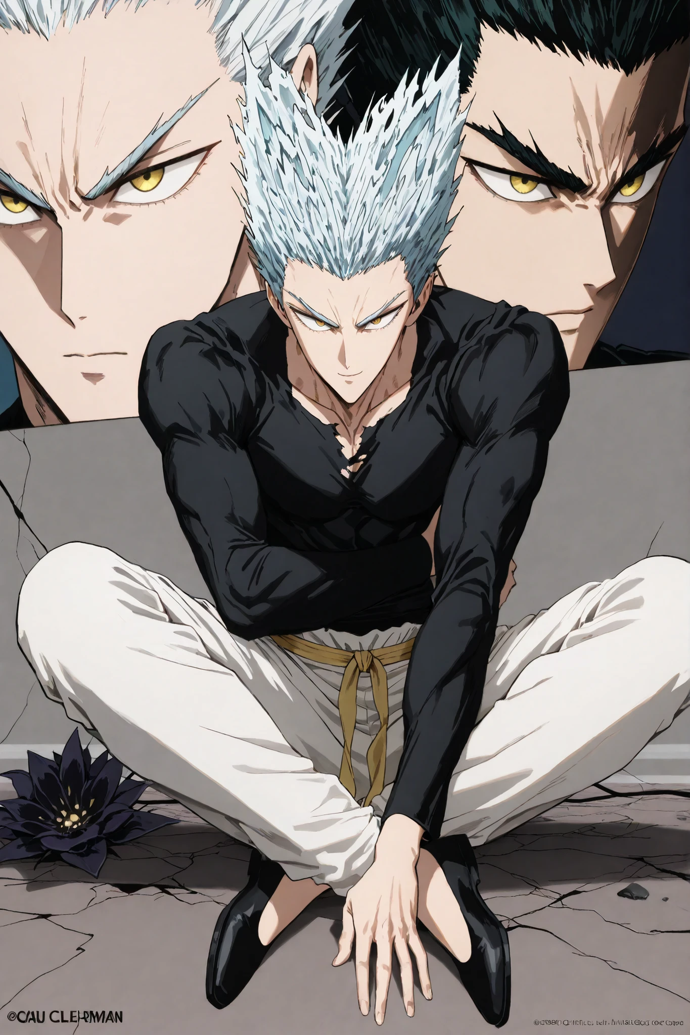 1인 man, Animated characters sitting on the floor with natural background, 마법 회전 그림 속 handsome man, color dispersion, Magical Rotation Style, handsome , Former Devil King , Detailed Fan Art , 풀 컬러 illustration레이션 , Clean Line Drawing and Color , 죽음의 아름다운 man, Great Character Design, Dark Flower Xiamen, Krenz Cushart and Asher Duran One Punch Man Garo, Immaculate appearance, silver hair, sharp eyesight, close-up. torn tops, Relaxing appearance. dramatic contrast, High quality animation art style, Detailed skin texture, Perfect Composition. yellow eyes., man, UHD, masterpiece, intricate details, high resolution
hyper detail super detail, highres high resolution, high quality, finely detailed beautiful eyes and detailed face, best quality, 4k, masculine, full body, 18 years old, young man, young, A healthy body with body proportions revealed between exemplary, adult, white pants, Black tee,Neat oll white hair, yellow eyes, simple black flat shoes, Background of cracks, Referring to Murata's picture, illustration, fan art,Anime character with soft smiling face, comfortable position, clear face, delicate face, delicate expression, Short hair length , yellow waistband, close-up,