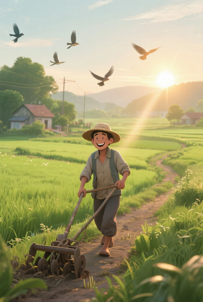 (one poster), may day, best quality, super detailed, illustration, farmer, uncle, happy expression, middle age, celebration, crowd, audience, cheering, relaxing, holding wheat, corn, wide angle shot, looking down Shot, distance, (away from the camera), full body, rice field,