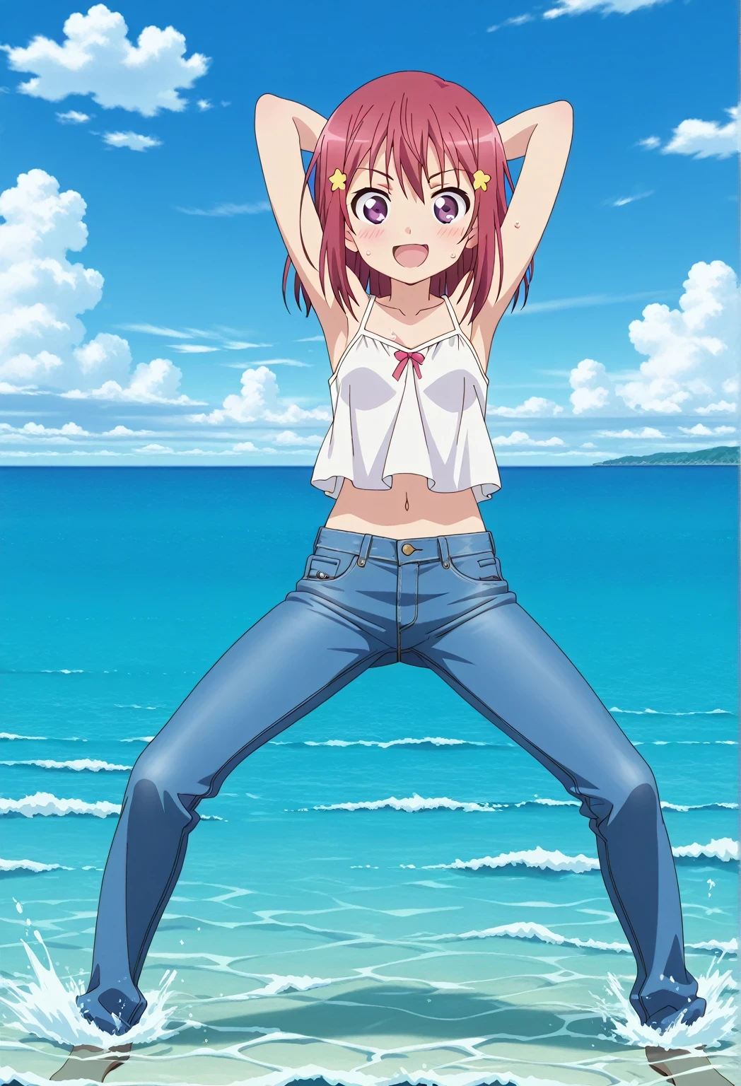 score_9, score_8_up, score_7_up, source_anime, highres, hi res, ((best quality, top quality, perfect quality, Highest Quality, amazing quality)), {{masterpiece}}, {{an extremely delicate and beautiful}}, 2d, intricate details, official style, anime, 8k, anime style, official_anime, official art, digital painting, cell shading, soft shading, high resolution, soothing tones, Subdued Color, Soft cinematic light, adobe lightroom, photolab, HDR, intricately and hyper-detailed, ((high quality animation)), 1 girl, Alone, solo, ((ocean)), tsunami, on the water, day, sunny, outdoors, sky, windy, Kanzaki Tomoyo, Inou Battle wa Nichijou-kei no Naka de, purple eyes, red hair, medium hair, anime coloring, anime screencap, small , white camisole top, crop top, white crop top, best quality, hyper-detailed jeans, ((blue jeans:1.9)), (dark blue jeans:0.6), full medium body, medium shot, Open mouth, smiling, happy face, blush, sweat, standing, ((arms behind head:6.0)), ((perfect arm line:2.5)), bowlegged, jumping pose, action, looking at viewer, , Bend knees slightly, straight-on front view