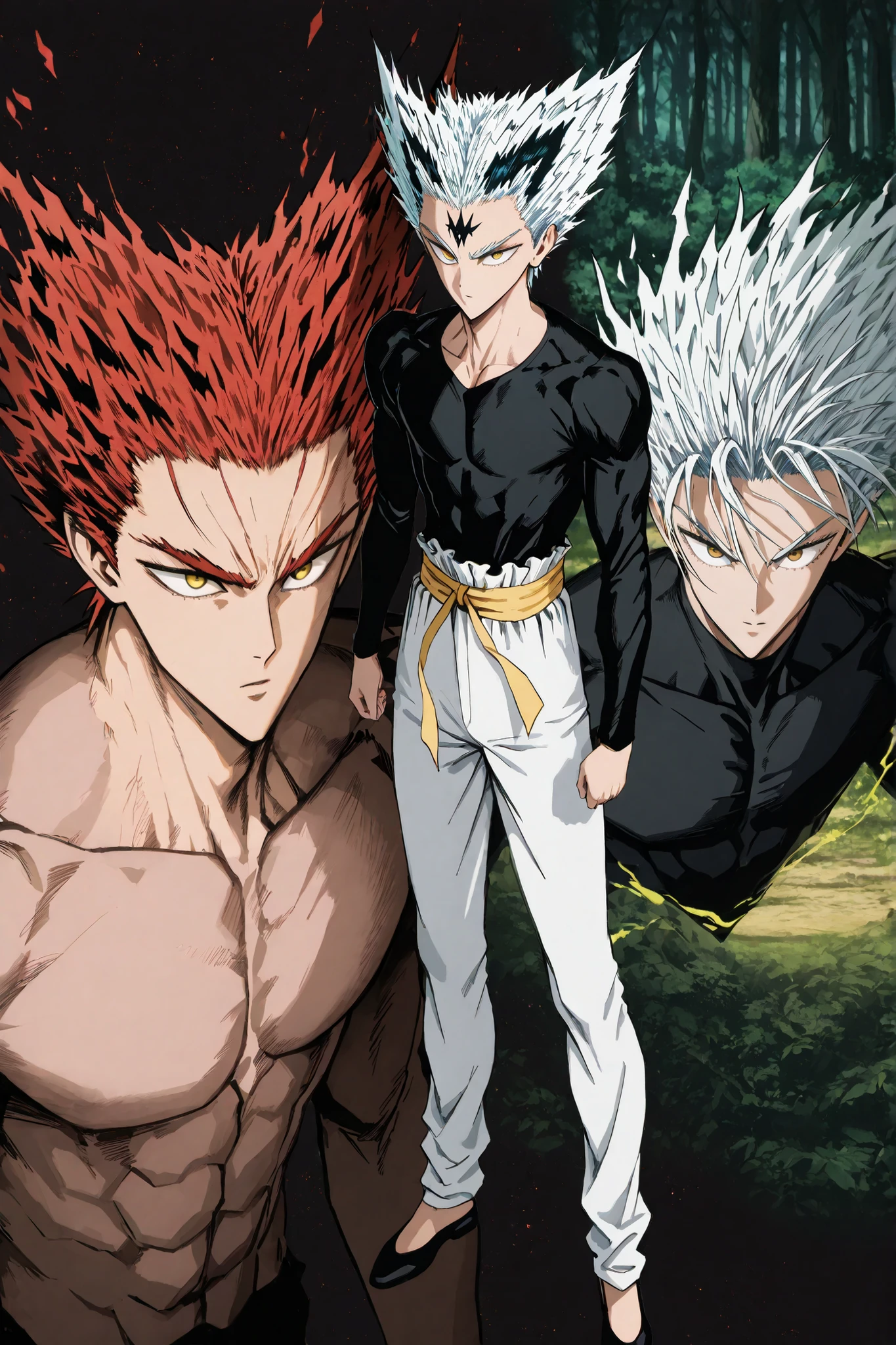 one man, anime character, 마법 회전 그림 속 handsome 남자, color dispersion, Magical Rotation Style, handsome , Former Devil King , Detailed Fan Art , Full Color Illustration , Clean Line Drawing and Color, Great Character Design, Krenz Cushart and Asher Duran One Punch Man Garo, Immaculate appearance, silver hair. healthy body. dramatic contrast, High quality animation art style, Detailed skin texture, Perfect Composition. yellow eyes, UHD, masterpiece, intricate details, high resolution
hyper detail super detail, highres high resolution, high quality, finely detailed beautiful eyes and detailed face, best quality, 4k, masculine, 18 years old, young man, young., A healthy body with body proportions revealed between exemplary., adult., white pants., Black tee., Neat oll white hair., yellow eyes., simple black flat shoes., Illustration based on Murata's drawing, fan art., bright, delicate facial expression., Short hair length , yellow waistband, forest background