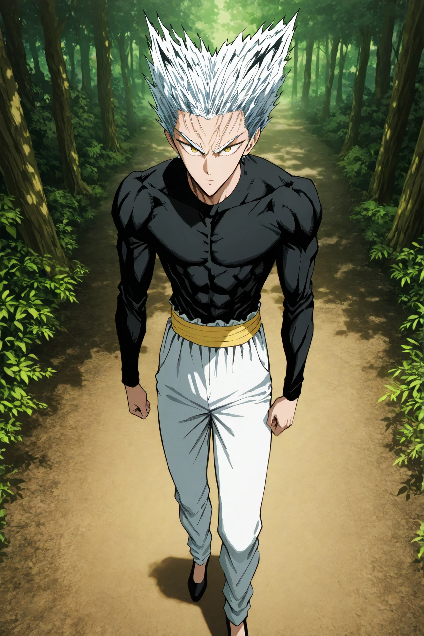 one man, anime character, 마법 회전 그림 속 handsome 남자, color dispersion, Magical Rotation Style, handsome , Former Devil King , Detailed Fan Art , Full Color Illustration , Clean Line Drawing and Color, Great Character Design, Krenz Cushart and Asher Duran One Punch Man Garo, Immaculate appearance, silver hair. healthy body. dramatic contrast, High quality animation art style, Detailed skin texture, Perfect Composition. yellow eyes, UHD, masterpiece, intricate details, high resolution
hyper detail super detail, highres high resolution, high quality, finely detailed beautiful eyes and detailed face, best quality, 4k, masculine, 18 years old, young man, young., A healthy body with body proportions revealed between exemplary., adult., white pants., Black tee., Neat oll white hair., yellow eyes., simple black flat shoes., Illustration based on Murata's drawing, fan art., bright, delicate facial expression., Short hair length , yellow waistband, forest background