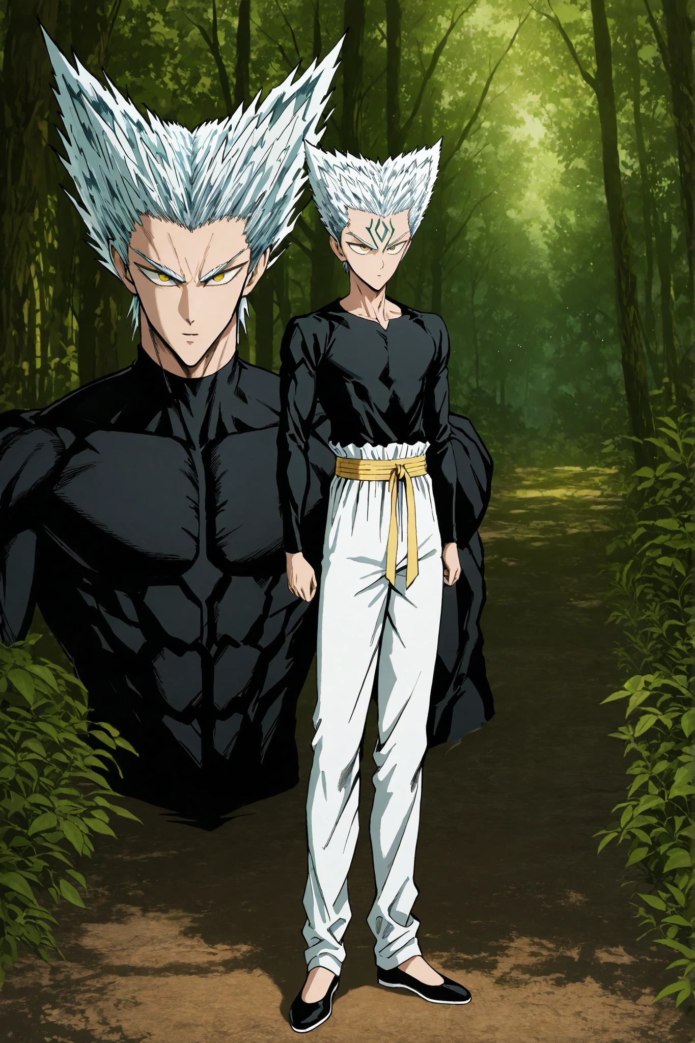 one man, anime character, 마법 회전 그림 속 handsome 남자, color dispersion, Magical Rotation Style, handsome , Former Devil King ,   Detailed Fan Art  ,  Full Color Illustration , Clean Line Drawing and Color, Great Character Design, Krenz Cushart and Asher Duran One Punch Man Garo, Immaculate appearance, silver hair. healthy body. dramatic contrast, High quality animation art style, Detailed skin texture,  Perfect Composition. yellow eyes, UHD, masterpiece, intricate details, high resolution
hyper detail super detail, highres high resolution, high quality, finely detailed beautiful eyes and detailed face, best quality, 4k, masculine,  18 years old,  young man, young., A healthy body with body proportions revealed between exemplary., adult., white pants., Black tee., Neat oll white hair., yellow eyes., simple black flat shoes., Illustration based on Murata's drawing, fan art., bright, delicate facial expression.,  Short hair length , yellow waistband, forest background