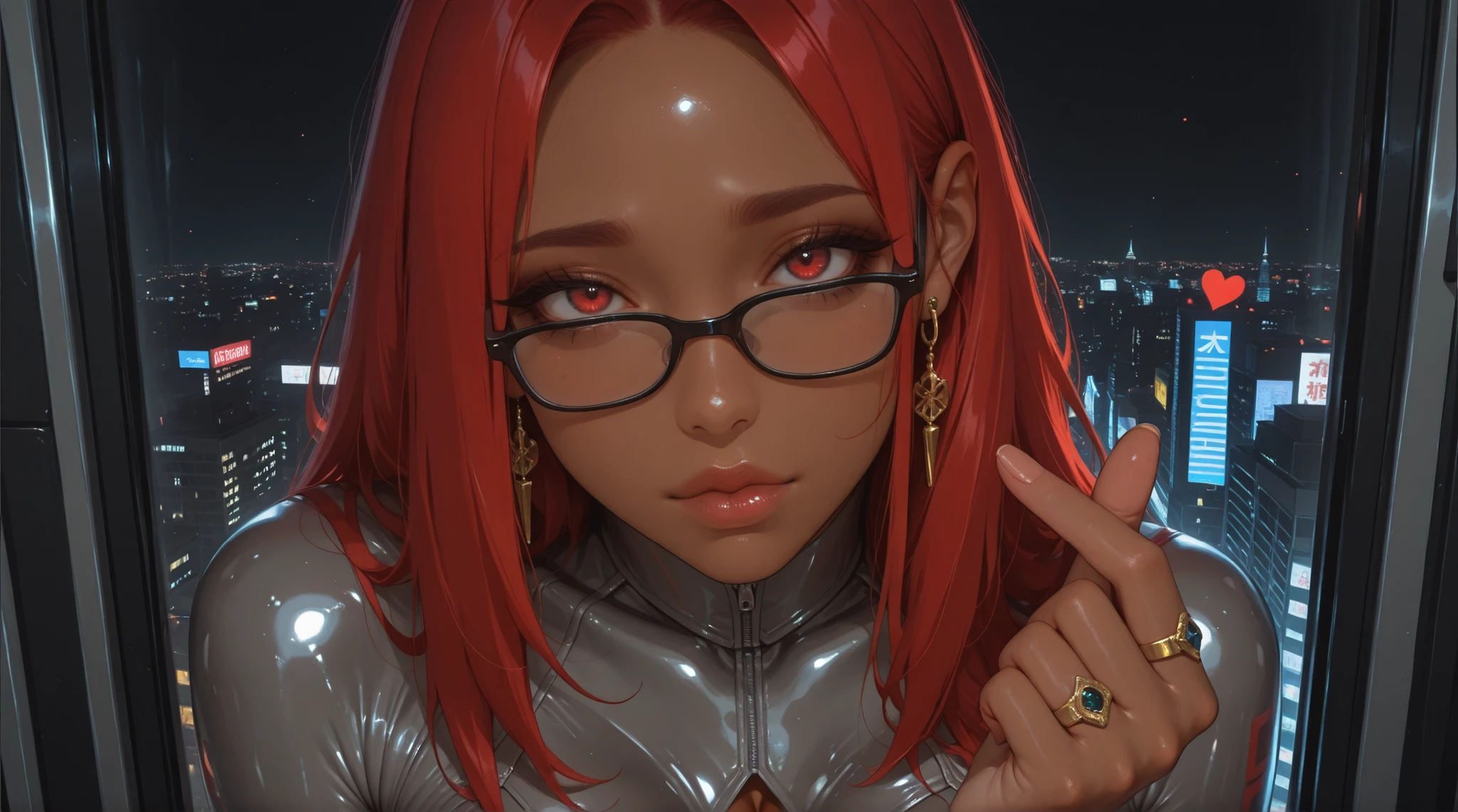masterpiece, best quality, amazing quality, hyper-detailed, newest, very aesthetic, face close up, 1girl, finger heart, red hair, parted bangs, long plait, black glasses, brown skin, gray latex bodysuit, cleavage, thick lips, closed mouth, red eyes, looking at viewer, sexy look, raised eyebrows, dark eyebrows, golden earring, ring earring, tokyo city background, night,