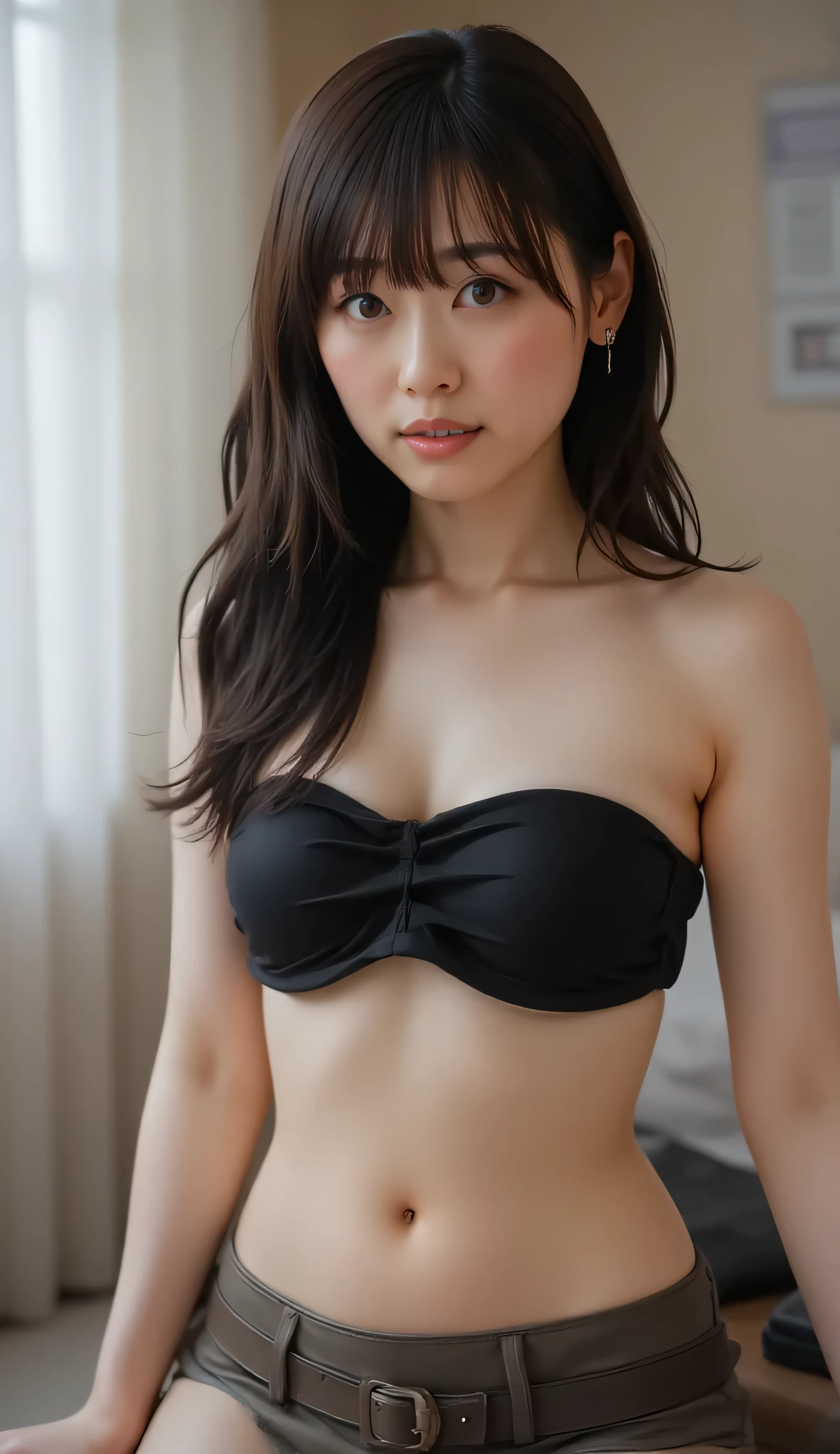 BlackTUBETOP,LOVEHOTEL,wink,,brown hair,Perfect body,Natural breasts,whole body,Highquality,model pose,japanese,darkskin,breasts,,