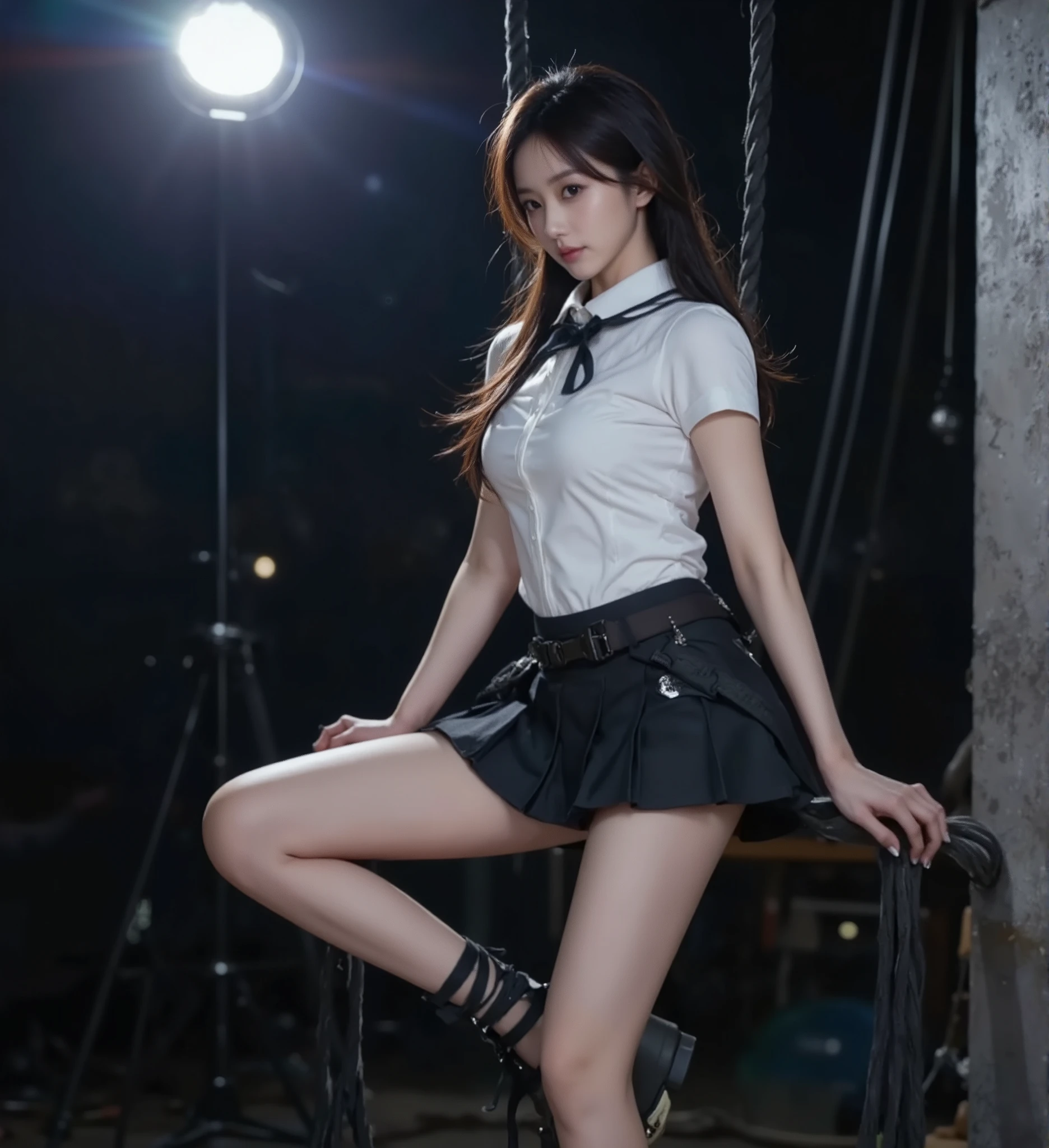 Kishin Shinoyama style, dynamic performance art photography, commanding portrait of an East Asian female performer, extreme test of balance and core strength, dramatically suspended and elevated, one ankle intricately wrapped in thick dark silk ropes or high-performance climbing gear, body drawn into high-tension vertical line, opposing leg held rigidly outward as perfect counterweight, emphasizing taut graceful curve, serene focused expression, physical endurance.

**Wardrobe:** High-fashion Japanese school girl uniform, crisp white blouse with distinctive sailor collar, neatly tied school bow, meticulously tailored ultra-short pleated skirt, form-fitting fully opaque, full coverage of all appropriate areas, highlighting long athletic legs and dynamic pose lines, blend of iconic school uniform charm and powerful artistic expression.

**Aesthetic & Lighting:** Professional lighting studio, dark background, single powerful spotlight effect, razor-sharp shadows on wall, geometric lines from rope and body, moody cinematic lighting, ultra-high detail, professional film grain, full-body composition, emphasizing suspension and tension.