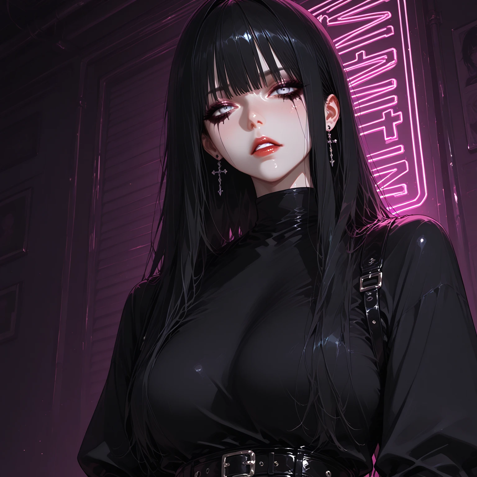 Beautiful girl with realistic black eyes, pale skin, medium length black hair, perfect face, perfect eyes, wearing a coat, very detailed, comprehensive movie, digital painting, 8K, cinematic lighting, highest quality, High resolution, Great job!, Post-processing, perfect result, surreal，(((revealing clothes)))，，:1.5，(choker)
