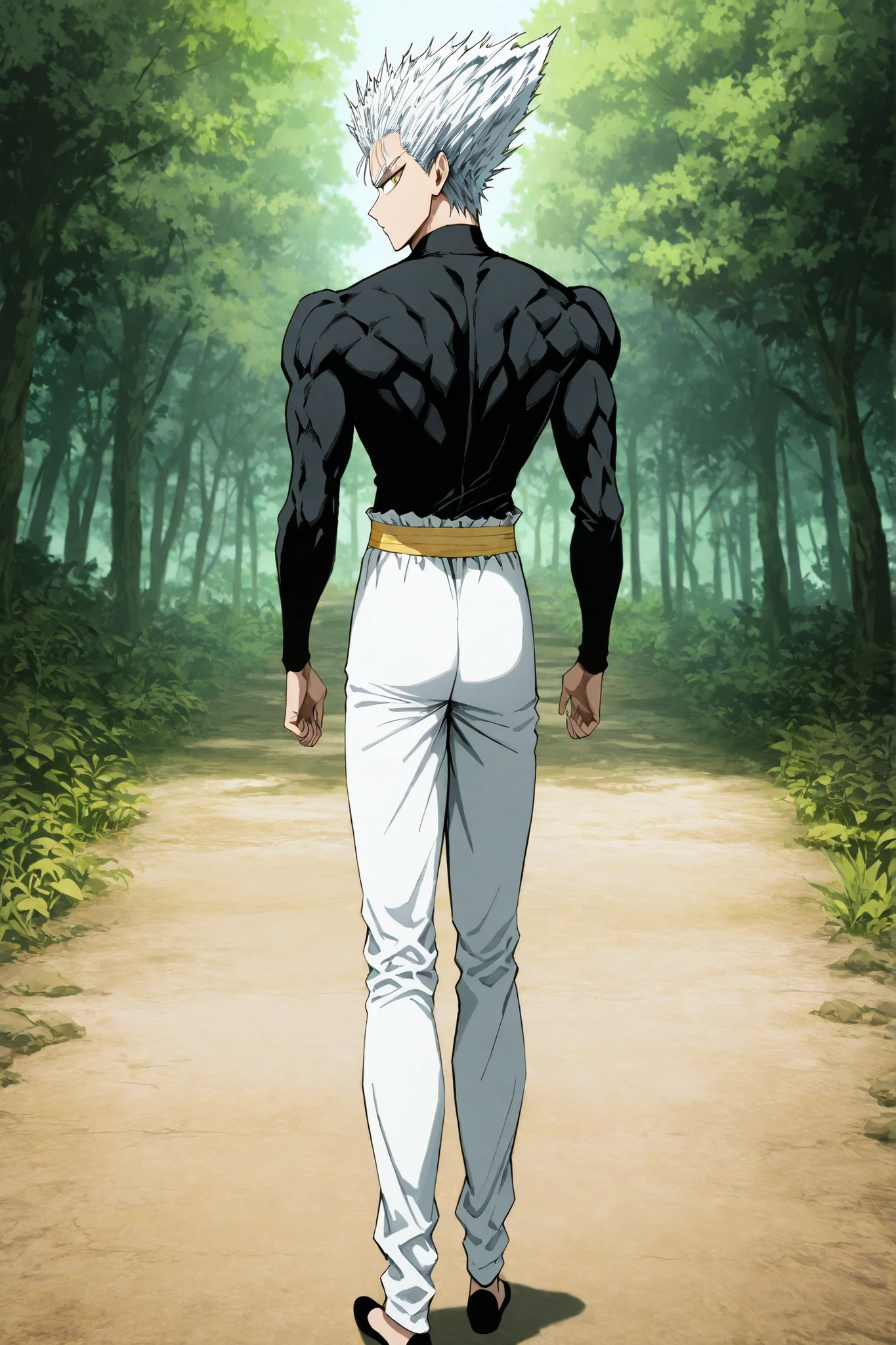 one man, anime character, 마법 회전 그림 속 handsome 남자, color dispersion, Magical Rotation Style, handsome , Former Devil King , Detailed Fan Art , Full Color Illustration , Clean Line Drawing and Color, Great Character Design, Krenz Cushart and Asher Duran One Punch Man Garo, Immaculate appearance, silver hair. healthy body. dramatic contrast, High quality animation art style, Detailed skin texture, Perfect Composition. yellow eyes, UHD, masterpiece, intricate details, high resolution
hyper detail super detail, highres high resolution, high quality, finely detailed beautiful eyes and detailed face, best quality, 4k, masculine, 18 years old, young man, young., A healthy body with body proportions revealed between exemplary., adult., white pants., Black tee., Neat oll white hair., yellow eyes., simple black flat shoes., Illustration based on Murata's drawing, fan art., bright, delicate facial expression., Short hair length , yellow waistband, forest background, Back view Looking back