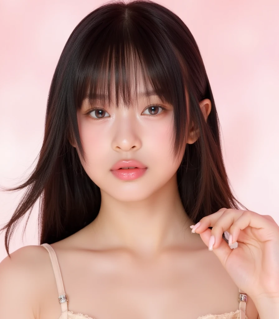 Gentle and charming Chinese beautiful woman, half-length photo, delicate and  collarbone, charming oval face, double eyelids, vivid peach blossom eyes, pink lips, small nose,  shoulders, focused face, face close-up, ultra-high-definition, Ultra-detailed and classy for standing, this cream stretch-tulle top is crafted from lightweight stretch-tulle and has a slim fit that's subtly sheer. With the red trim, the cutout details are ready to stand out, adding a touch of  charm, matching with skirts