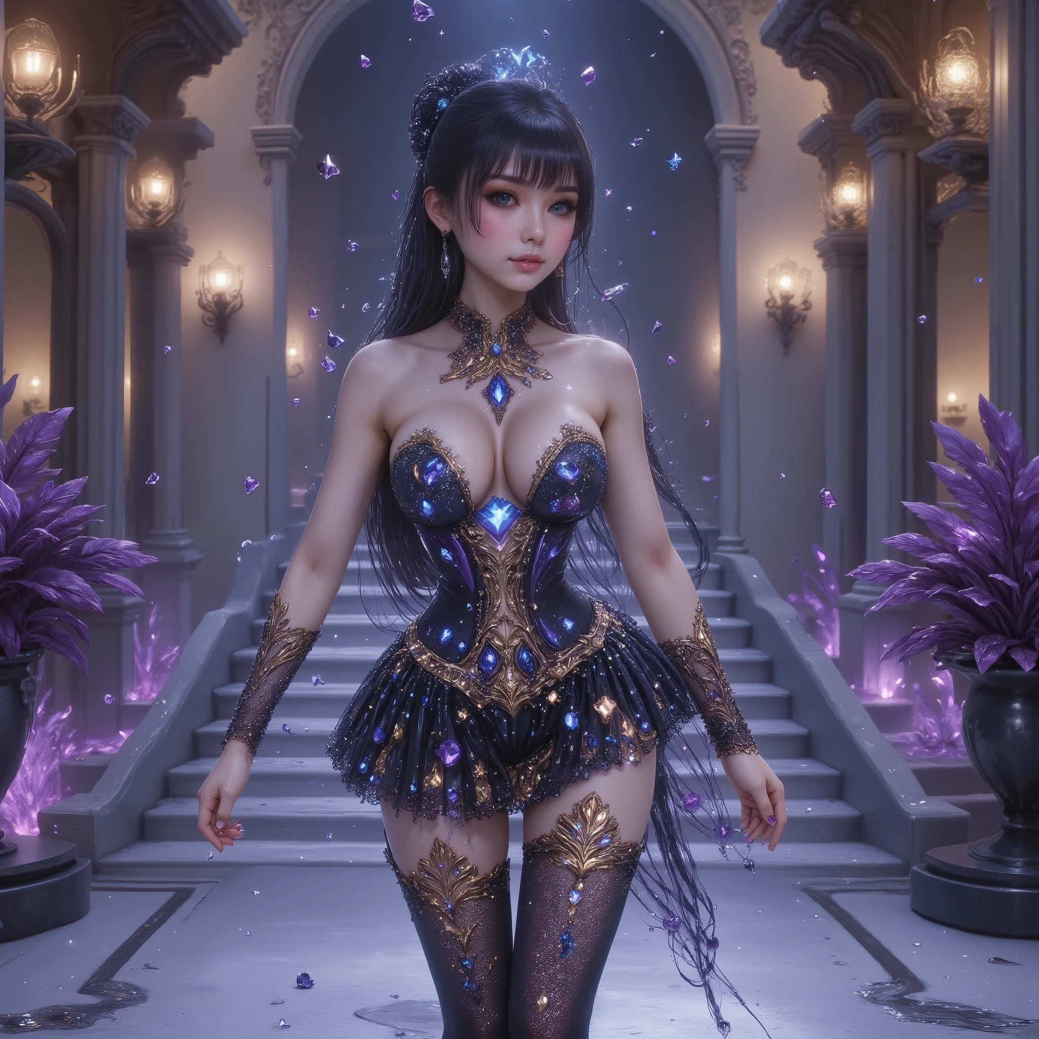 Long-distance photography, photography on below, full-body photography, masterpiece, semi-realistic. Anime style, A 17-year-old Asian woman with a cute appearance, wearing Douyin-style makeup with rosy cheeks, and long eyelashes, with a tall, oily body, slender, small belly, wide waist, and long, sexy muscular legs, and giant breasts. Standing in a luxuryos chair with spreading legs on a luxurious gold chair in a spacious room, wearing a strapless corset with a deep cleavage to her navel, shaped by black diamonds that emphasize her striking avant-garde body with intricate details, with a pleated miniskirt and nylon stockings with sexy high gold lace, she also wears high-heeled stilettos with straps, reminiscent of Gothic or fantasy style. The work features intricate details, including sparkling blue gemstones and feather-like textures and flashes of blue light that adorn the tight gold corset, giving it an elegant and graceful feel. The shiny paint on the corset adds a sense of fantasy, while her long dark hair flows in waves over her shoulders, enhancing the dramatic effect. the background suggests classical elegance. The architectural layout, likely a historic or Asian-style building with large windows and decorative details, evokes grandeur and old-world charm. The overall atmosphere is luxurious and mysterious, enhanced by the combination of timeless textures and the quality of the surroundings.