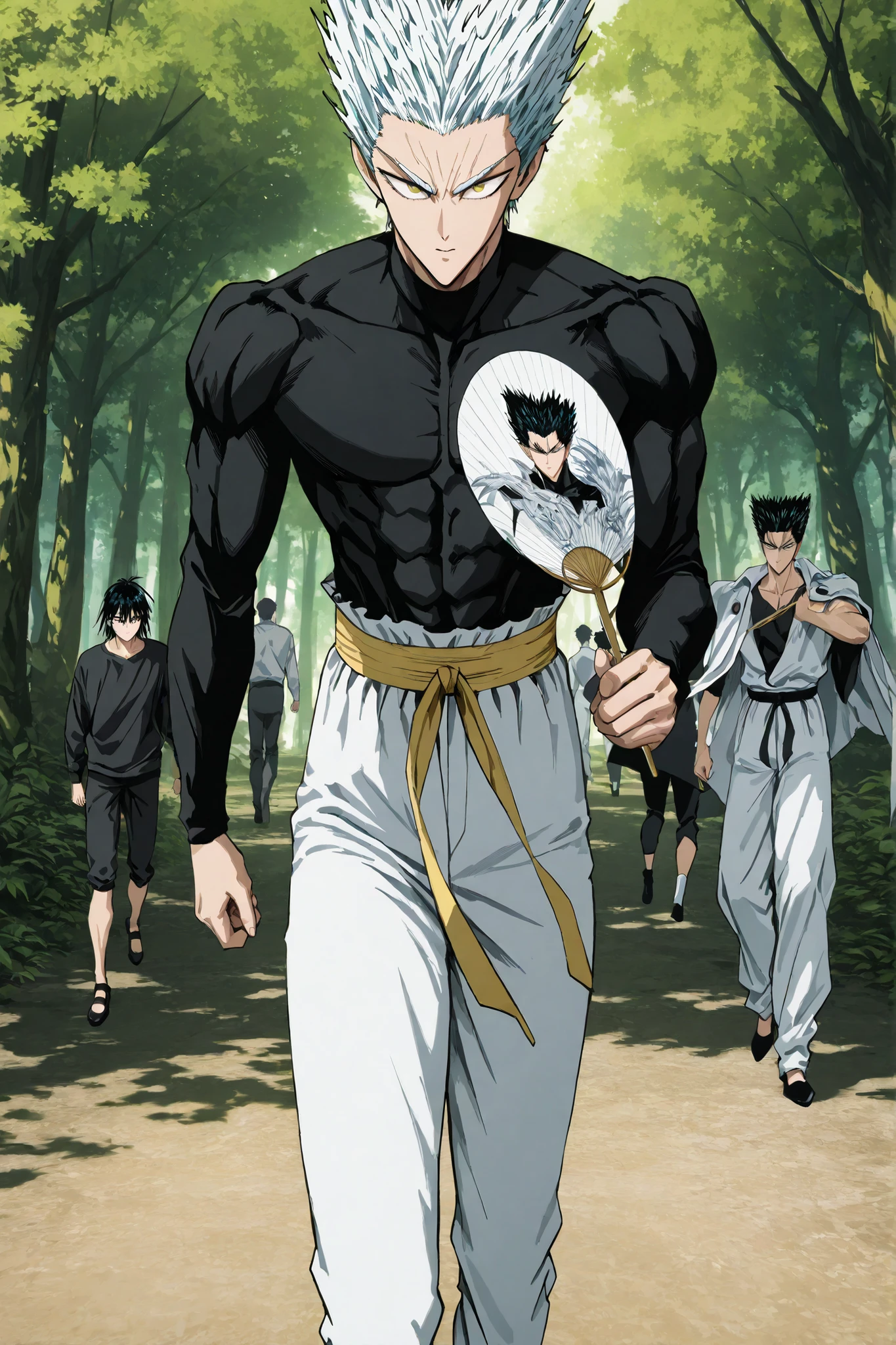 one man, anime character, 마법 회전 그림 속 handsome 남자, color dispersion, Magical Rotation Style, handsome , Former Devil King , Detailed Fan Art , Full Color Illustration , Clean Line Drawing and Color, Great Character Design, Krenz Cushart and Asher Duran One Punch Man Garo, Immaculate appearance, silver hair. healthy body. dramatic contrast, High quality animation art style, Detailed skin texture, Perfect Composition. yellow eyes, UHD, masterpiece, intricate details, high resolution
hyper detail super detail, highres high resolution, high quality, finely detailed beautiful eyes and detailed face, best quality, 4k, masculine, 18 years old, young man, young., A healthy body with body proportions revealed between exemplary., adult., white pants., Black tee., Neat oll white hair., yellow eyes., simple black flat shoes., Illustration based on Murata's drawing, fan art., bright, delicate facial expression., Short hair length , yellow waistband, forest background, Back view Looking back