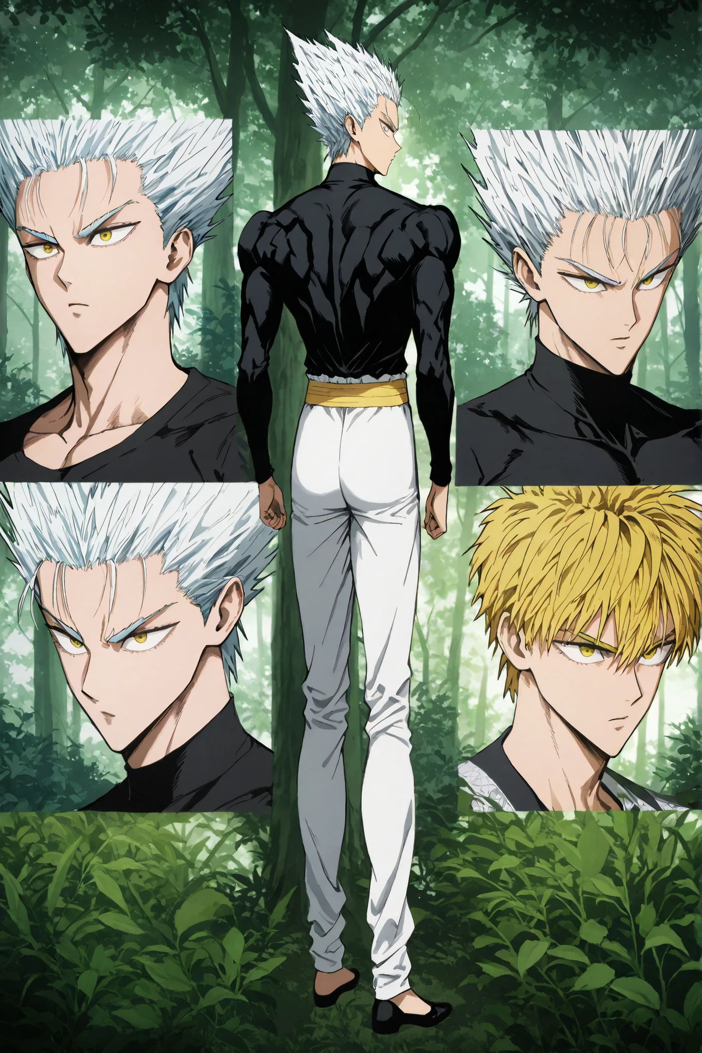 one man, anime character, 마법 회전 그림 속 handsome 남자, color dispersion, Magical Rotation Style, handsome , Former Devil King , Detailed Fan Art , Full Color Illustration , Clean Line Drawing and Color, Great Character Design, Krenz Cushart and Asher Duran One Punch Man Garo, Immaculate appearance, silver hair. healthy body. dramatic contrast, High quality animation art style, Detailed skin texture, Perfect Composition. yellow eyes, UHD, masterpiece, intricate details, high resolution
hyper detail super detail, highres high resolution, high quality, finely detailed beautiful eyes and detailed face, best quality, 4k, masculine, 18 years old, young man, young., A healthy body with body proportions revealed between exemplary., adult., white pants., Black tee., Neat oll white hair., yellow eyes., simple black flat shoes., Illustration based on Murata's drawing, fan art., bright, delicate facial expression., Short hair length , yellow waistband, forest background, Back view Looking back