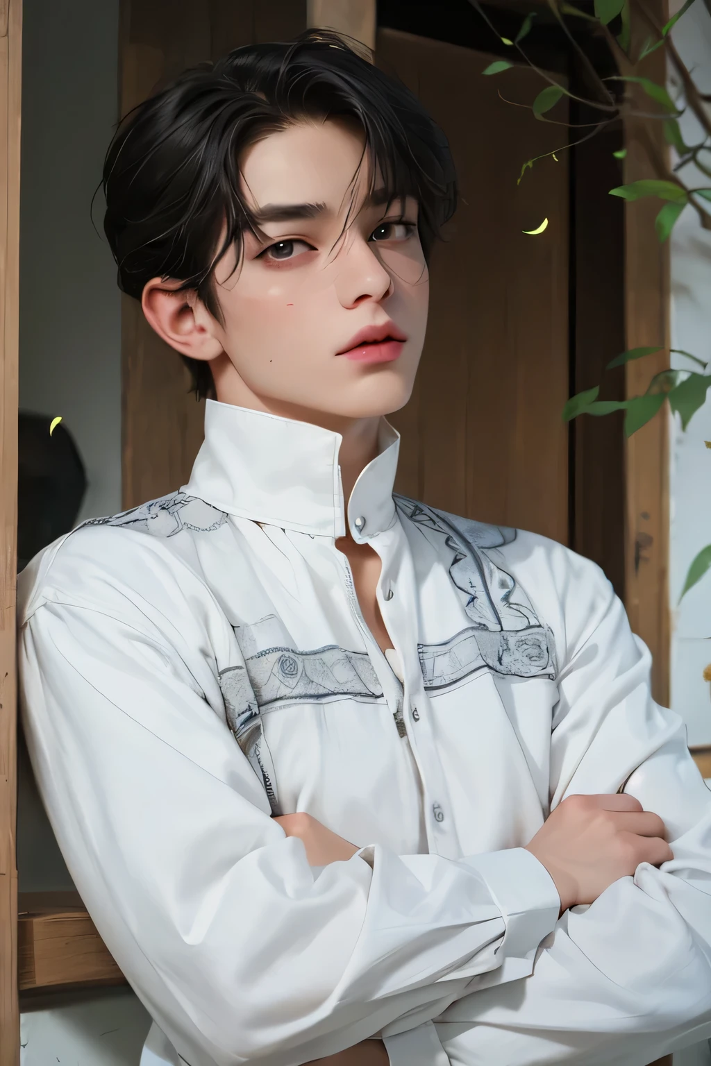 ​masterpiece、（top-quality)、((high-level image quality))、One Manly Boy、Slim body、((White Y-shirt and long black pants:1.1))、(Detailed beautiful eyes)、Walking together on the road at night、Face similar to Chaewon in Le Selefim、((short hair above the ears))、((Smaller face))、((Neutral face))、((Light brown eyes))、((Korean boy))、((18year old))、((Handsome man))、((Wild look))、((Korean Makeup))、((elongated and sharp eyes))、((Take a selfie))、((Shooting from close range))