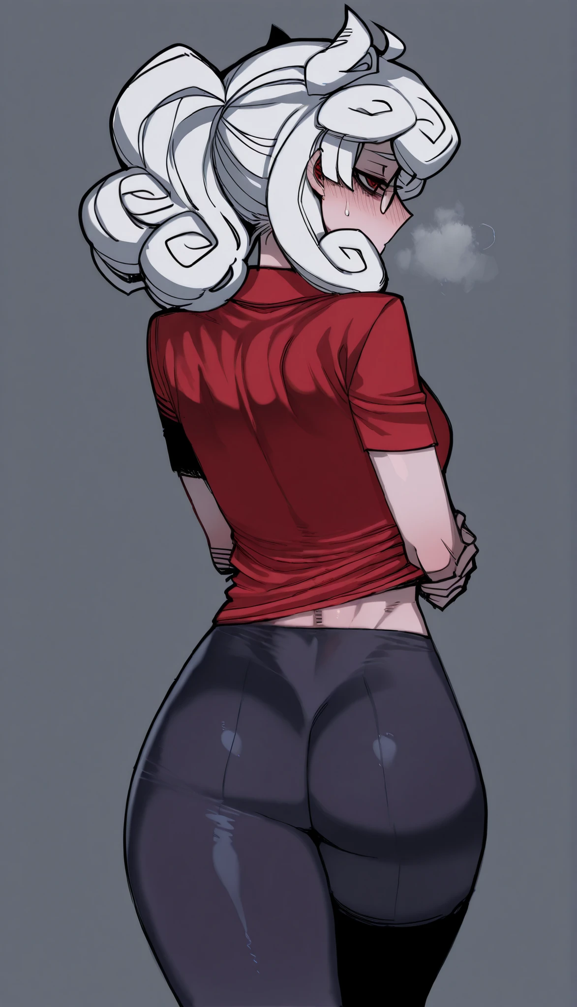 Ratatatat74 style,  masterpiece, best quality, artist:(Ratatatat74) 1girl, Pandemonica de helltaker in leggings, red turtleneck t-shirt, from behind, looking over her shoulder 