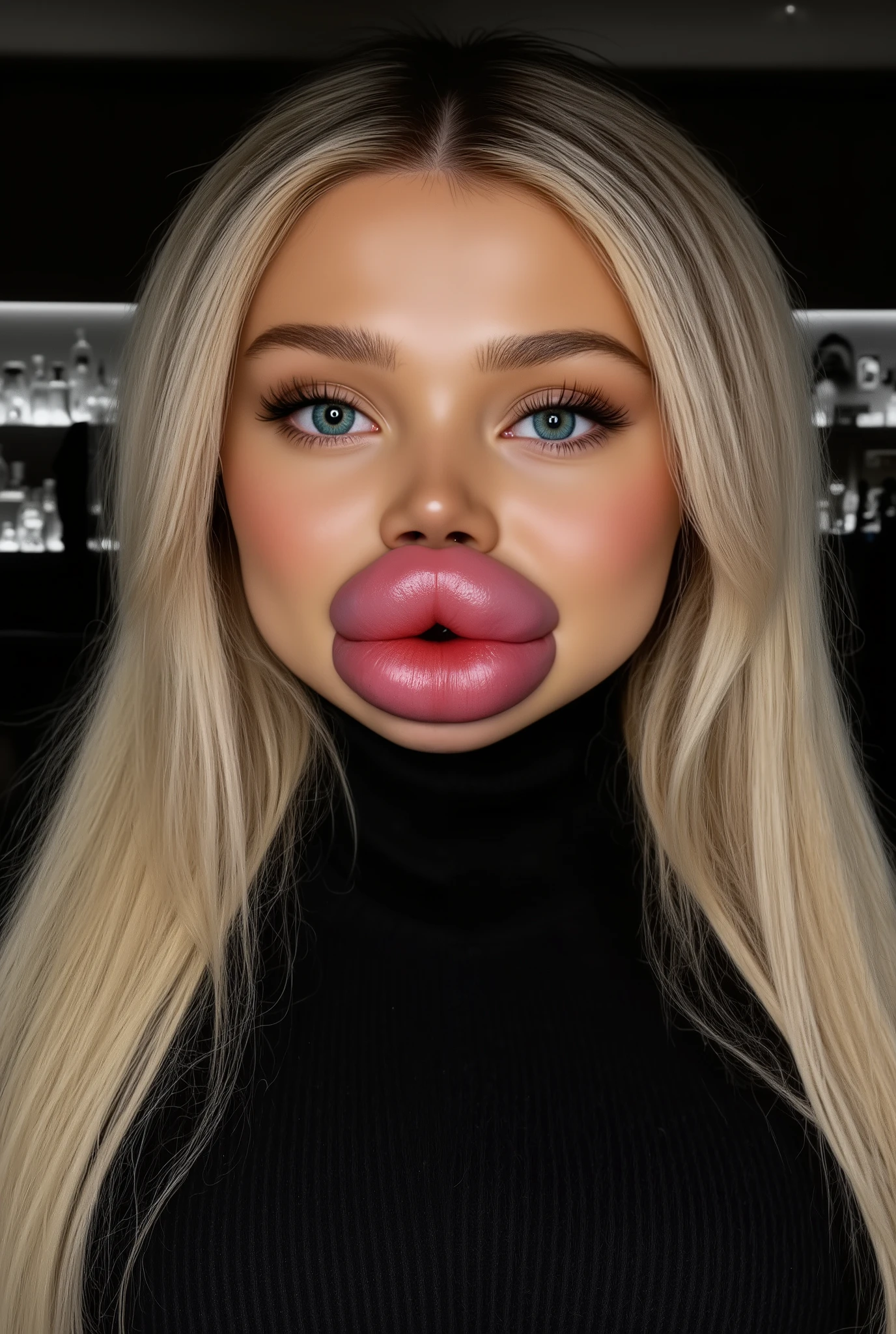 Ultra-realistic front view portrait of a super cute young woman in her 20s with platinum blonde hair with black roots. She has a puffy face and long eyelashes. Her facial features are huge fake round bimbo lips, glossy and overfilled, and she has round cheeks. She Looks innocent. She is wearing a tight black ribbed wool turtleneck sweaster. She has bright green eyes. The lighting is soft and even, and the background is minimal, emphasizing her face and outfit. The style is high-end influencer aesthetic, ultra-detailed, photorealistic, cinematic 8k.