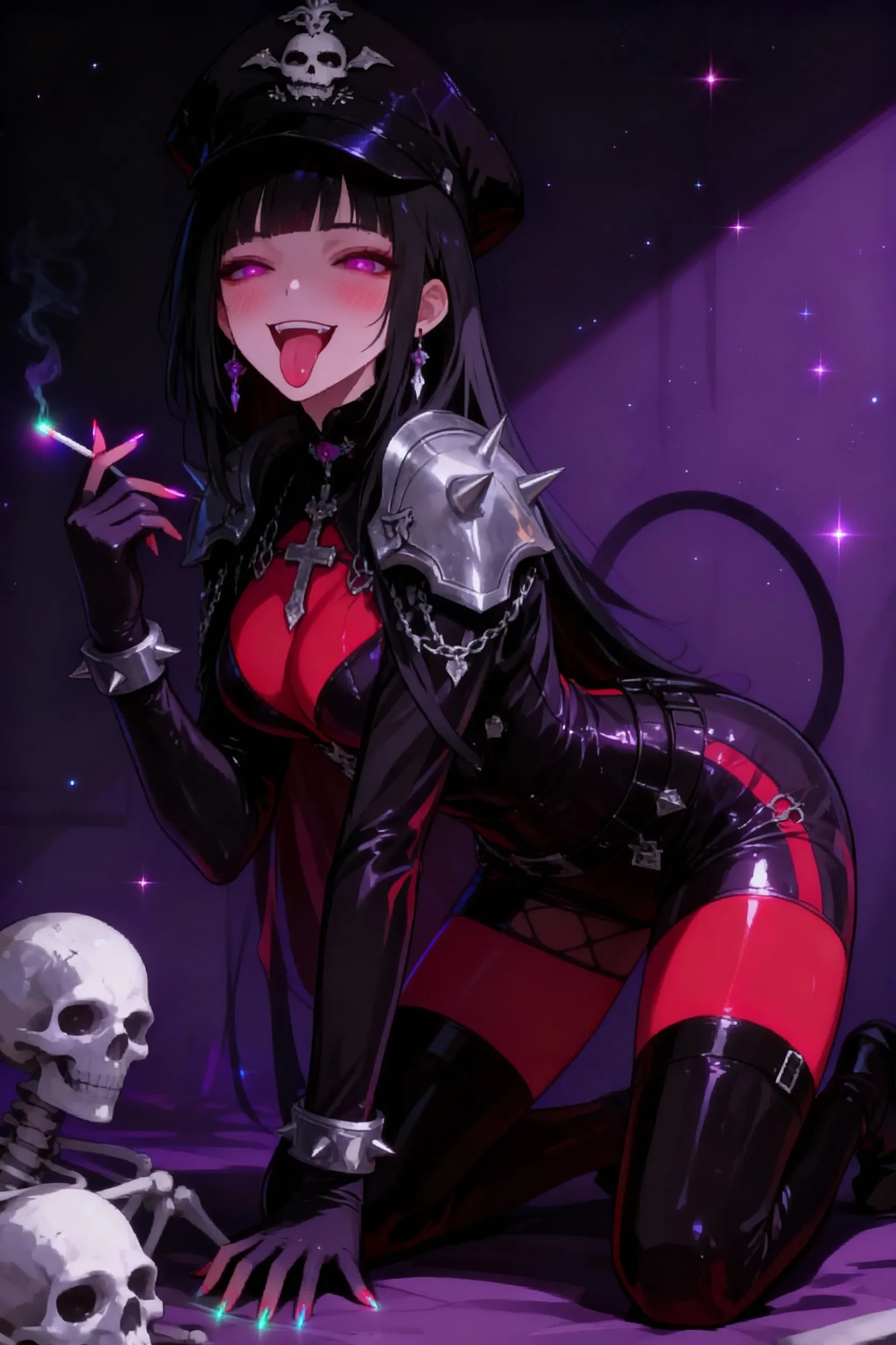 A sultry succubus dominates the dimly-lit dungeon, her curvaceous figure accentuated by her skin-tight, black leather bodysuit. Her ample breasts strain against the material, almost bursting free as she stands before you, her piercing gaze burning with hunger and desire. Her long, raven hair cascades down her back, framing a face of angelic beauty and demonic seduction. Her full, ruby lips are curved into a wicked smile, revealing razor-sharp fangs that glint in the flickering torchlight. Chains and whips hang from the dungeon walls, hinting at the twisted pleasures she has in store for you. As she beckons you closer with a crooked finger, you can feel the heat of her breath and the electric charge of her otherworldly power. The succubus is a living, breathing embodiment of lust and temptation, a creature of darkness that you cannot resist.

 <lora:90s_Vibe:0.5>