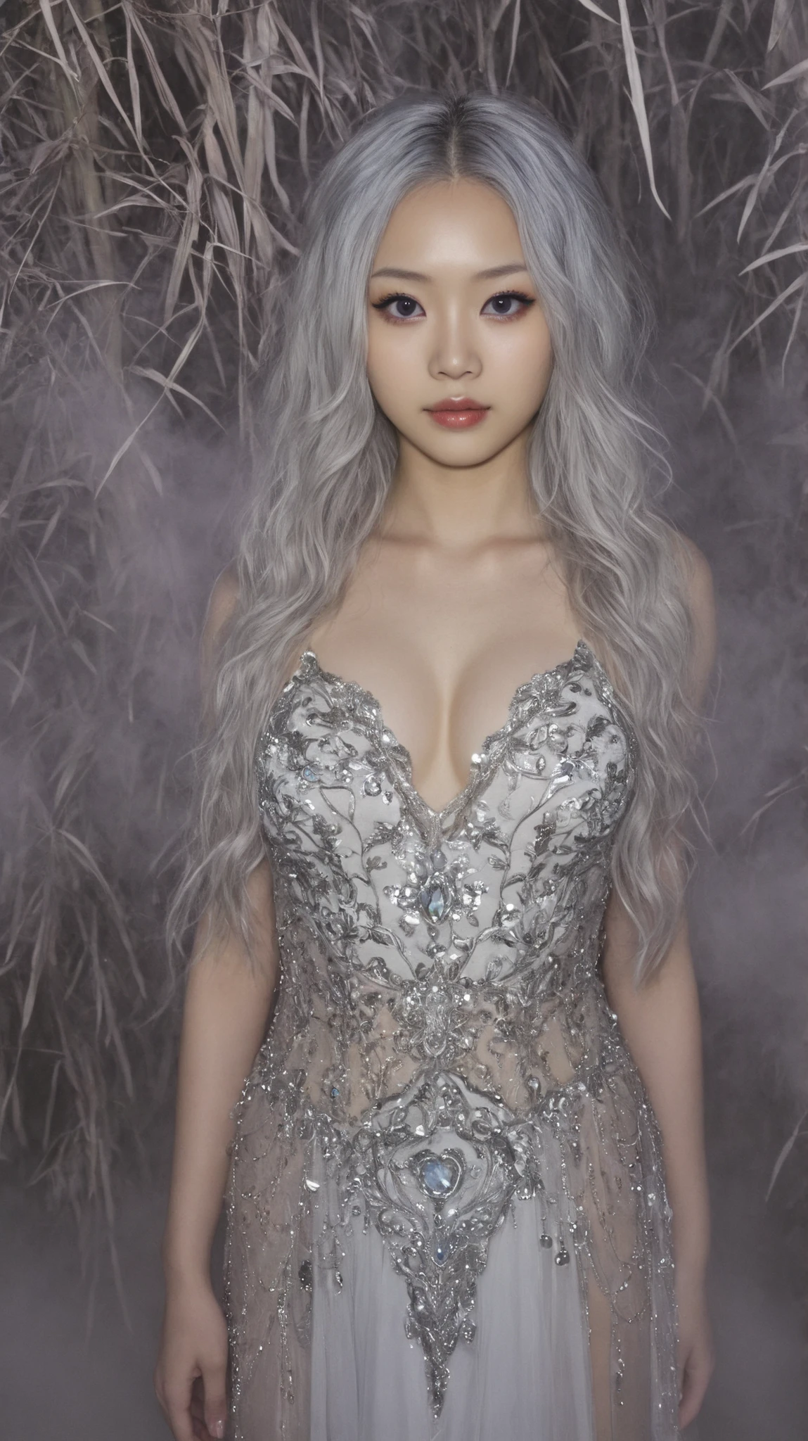 b1mb0,bimbo,(Fantasy portrait:1.4) of Mizuki, a mystical Japanese woman with luminous pale skin, violet-hued eyes, and a delicate beauty mark below her lip, her waist-length silver hair cascading in loose waves with a few strands adorned with tiny crystal charms, wearing a flowing, iridescent gown with ethereal embroidery, standing amidst a foggy bamboo forest, full body framing, under moonlight with a soft glow, shot from a high angle, on a RED digital cinema camera with a (dreamy haze filter:1.3), (in the style of Yoshitaka Amano:1.5).

