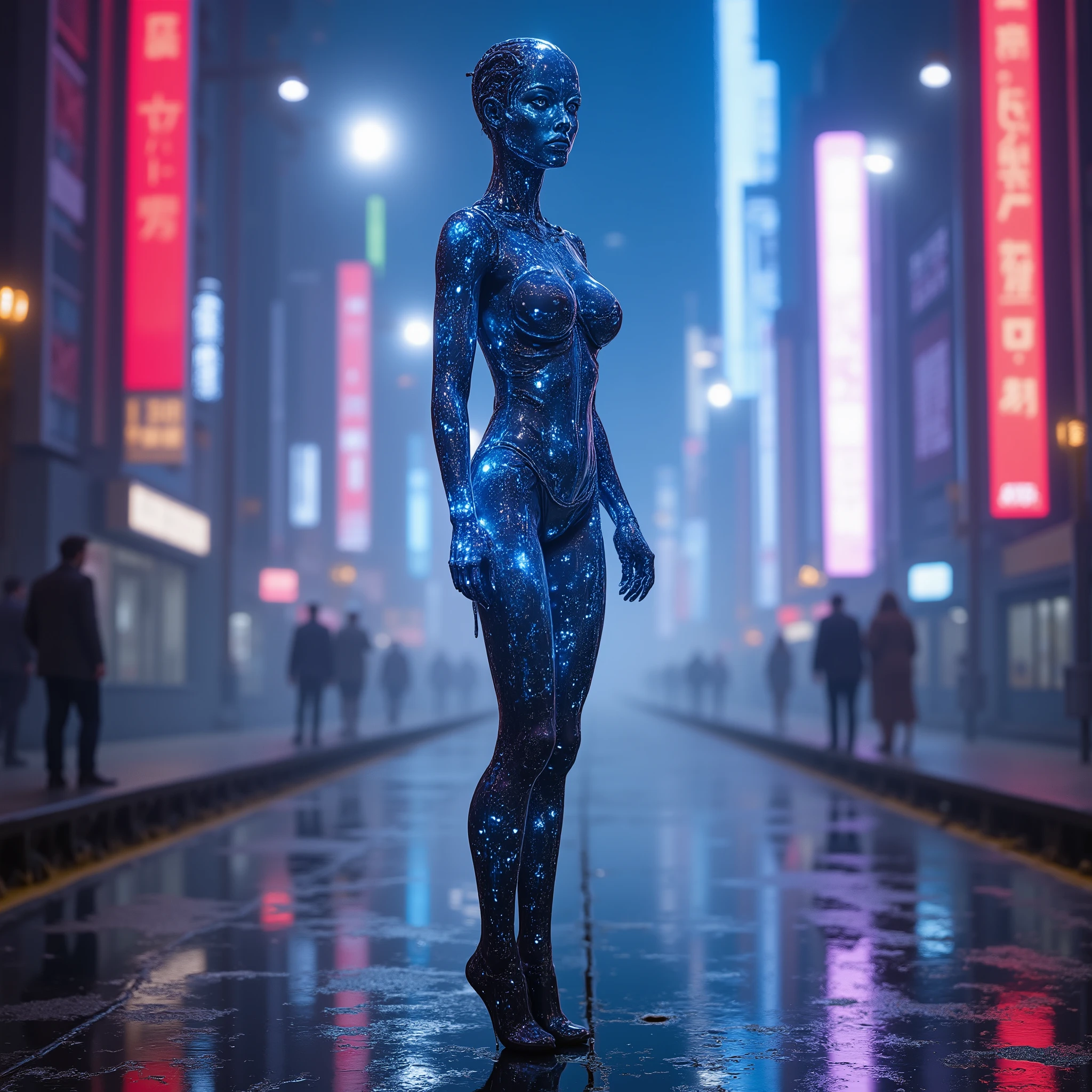 translucent russian girl, standing, full body, from above, an overhead shot, dress, stockings, high heels boots, cleavage, cyberpunk city background, half of her face shows glowing wires like a terminator, (best quality,4k,8k,highres,masterpiece:1.2),ultra-detailed,(realistic,photorealistic,photo-realistic:1.37),digital art,concept art,intricate details,dramatic lighting,neon lights,glowing wires,cyberpunk aesthetic,futuristic,blue and purple color tones,cinematic composition