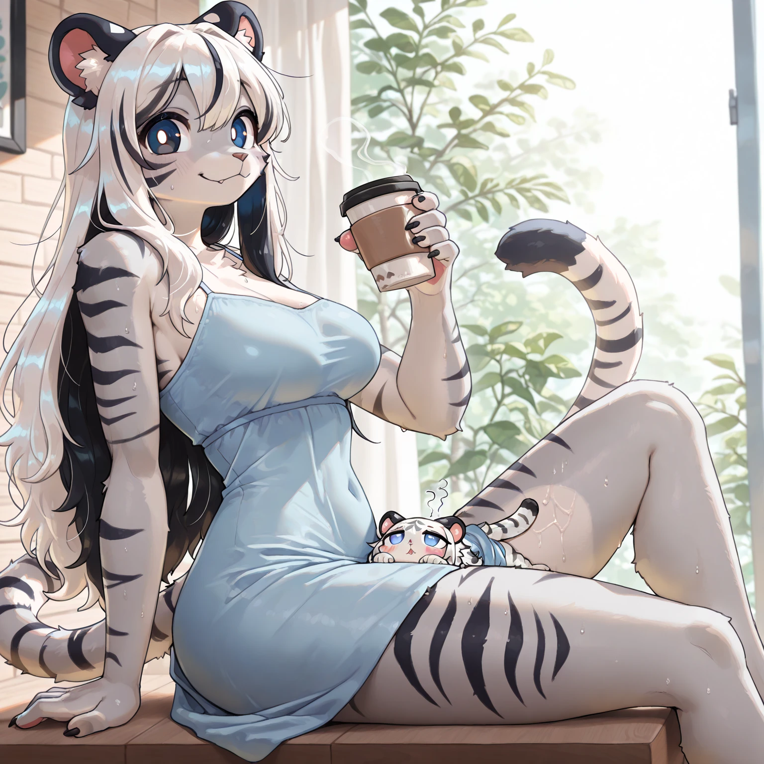 solo, score_9, score_8_up, score_7_up, source_Furry, furry, antero, (snow leopard), female, big , tiger tail and ears, blue eyes, long black hair, jean shorts, black top, in a cafe, sitting on a cafe chair, Beautiful smile, great lighting,