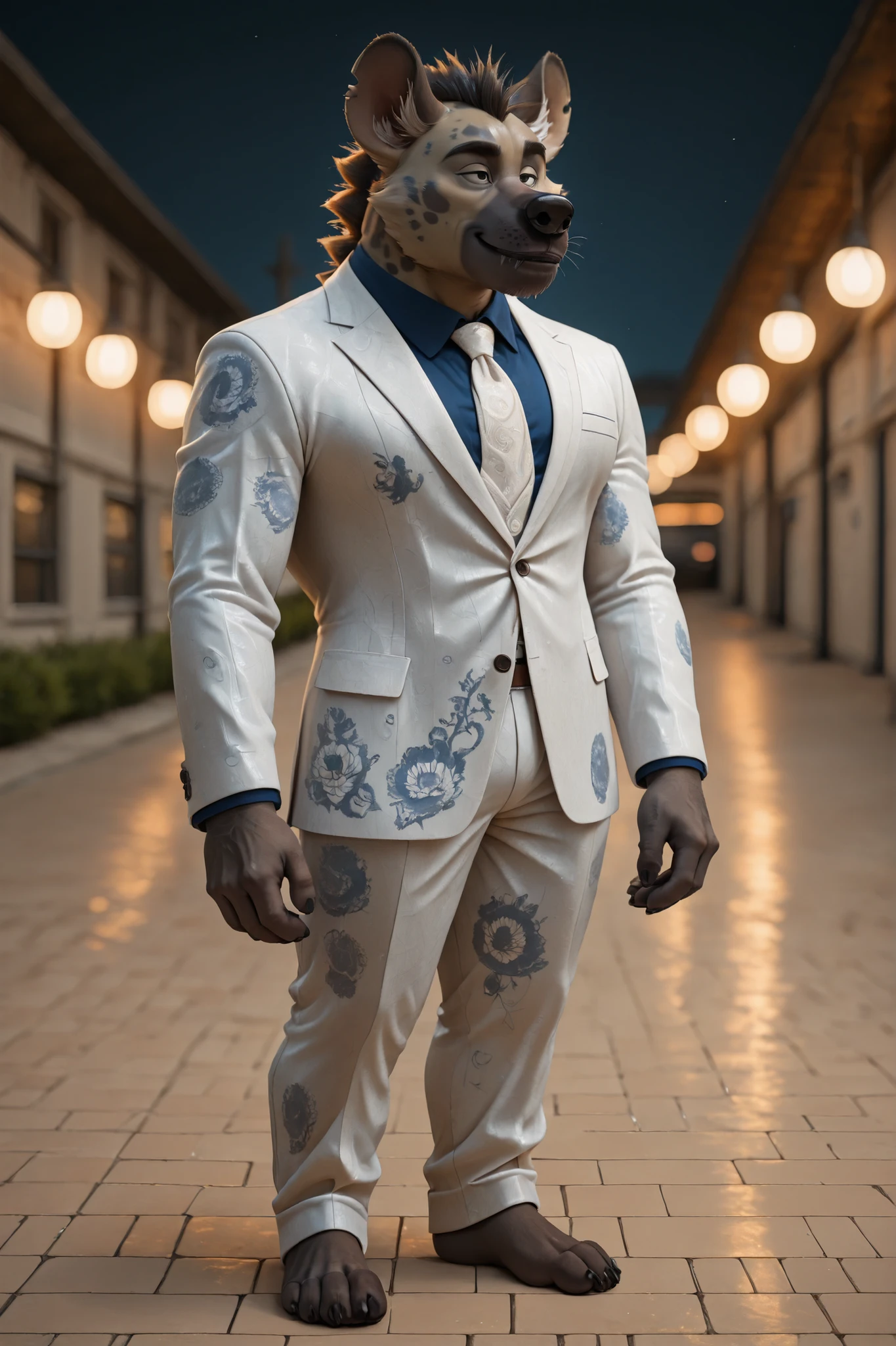 (((Chungu))), hyena boy, college student, bara, solo, barefoot, plantigrade, nice furry feet, (((end_delft_morph))), blue and white formal suit, porcelain drawing pattern, long pants, intricate background, university campus, bokeh, inspiring, moody lights,
BREAK, intricate details, highly detailed, extreme detail, octane render, fine art, best quality, highres, (detailed face:1.5), ((full_body)), UHD, (((perfect hands))), low light, anime