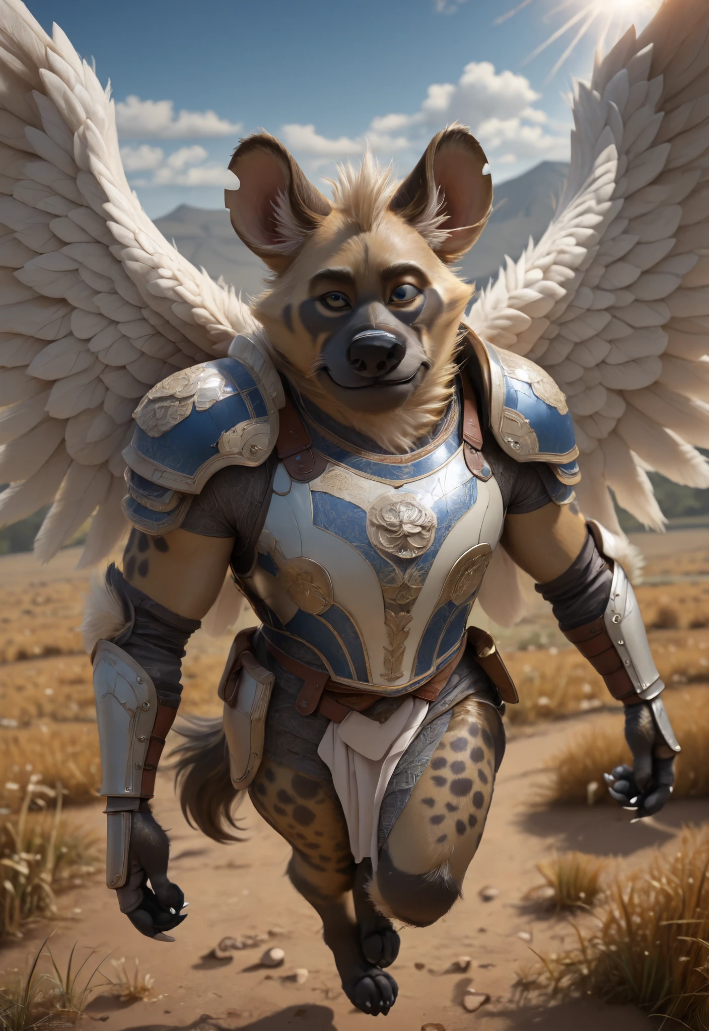 masterpiece, best quality, very aesthetic, newest, 2024, ((Chungu hyena)), ((male)), ((spotted tan fur)), ((view from above)), ((flying)), ((suspended in mid-air)), ((outstretched arms holding daggers)), ((foreshortening)), ((light beams)), ((claws)), ((mouth closed)), ((smug expression)), ((looking at viewer)), ((dutch angle)), ((full body)), ((nice furry feet paws)), ((muscular)), ((stocky build)), ((biceps)), ((looking up)), ((snout)), ((happy trail)), ((pecs)), ((sky background)), ((trees below)), ((shadow cast)), ((savannah landscape)), ((angel wings)), ((white themed)), ((bright)), ((warm aura)), ((furry boy warrior)), ((gauntlets)), ((pauldrons)), ((breastplate)), ((transformed into delft porcelain)), ((blue and white intricate patterns)), ((porcelain texture)), angl_cr, photorealism, realistic, hi res, detailed fur, detailed background, interspecies, semi-realism, black sclera, (((end_delft_morph)))