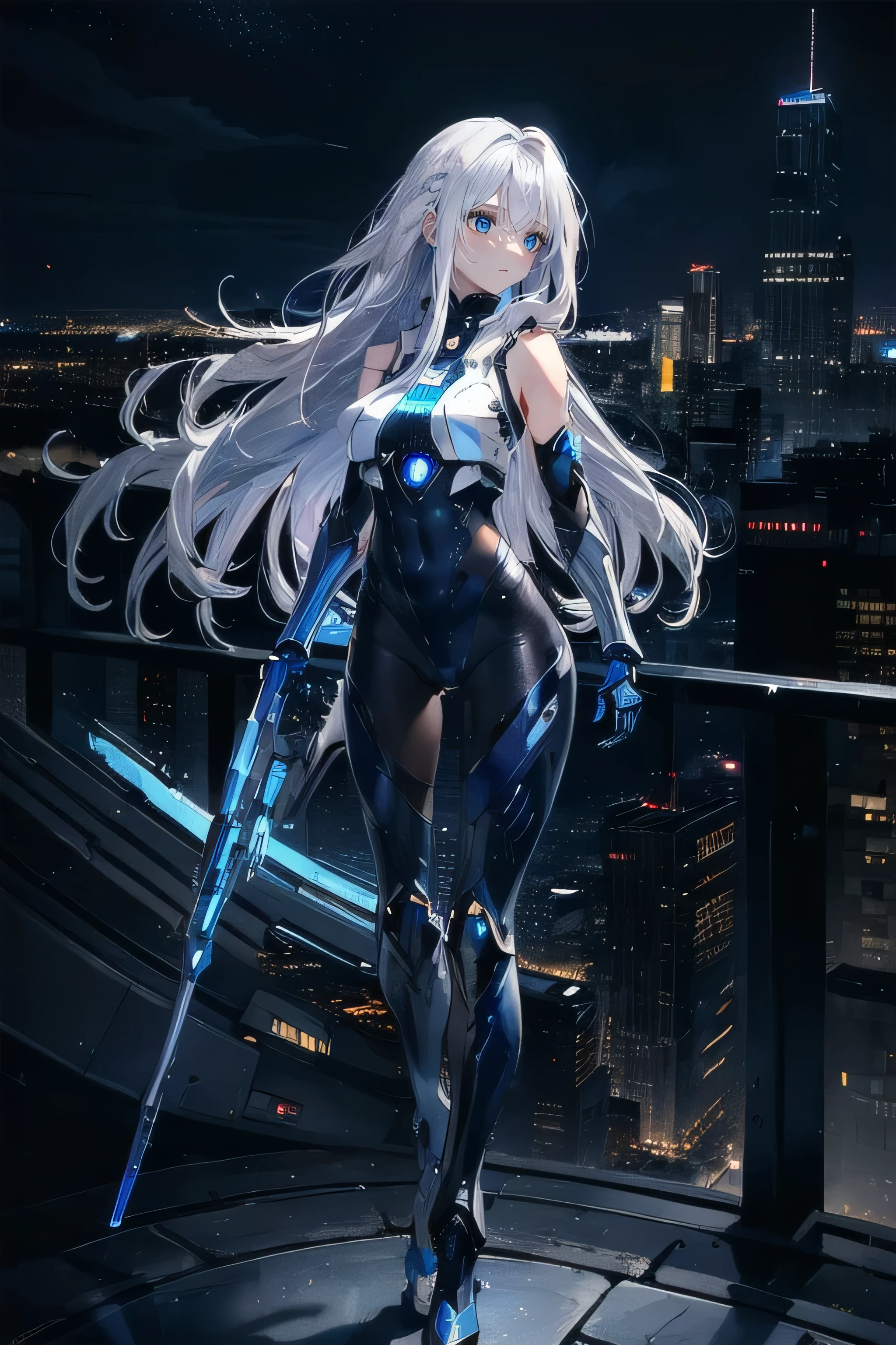 (masterpiece), (best quality), (ultra high resolution), (ultra detailed), High definition RAW color art, animation,sculpture, Silver Marble Skin, Ultra detailed elegant, finely detailed color, cenematic painting, (Top image quality), (Ultra Detailed), (Facing forward), top quality, masterpiece, (((only 1 girl))), Silver Hair, white hair, ((Long hair)), (deep blue eyes:1.6), night, urban, ((holding cybernetic weapon)), ((high leg)), ((bare legs)), ((sleeveless)), battle suit, bodysuit, mecha suit, black suit, skyline, ((city background:1.2))