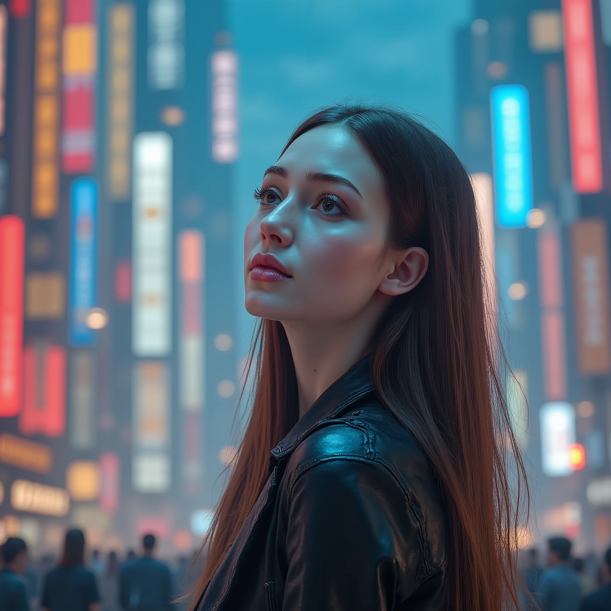 A beautiful girl gazes dreamily up at the sky in a cyberpunk city. She looks like an anime poster. The city is incredibly colorful. The man has somewhat long hair. He doesn't see well. He isn't wearing glasses and is dressed casually.