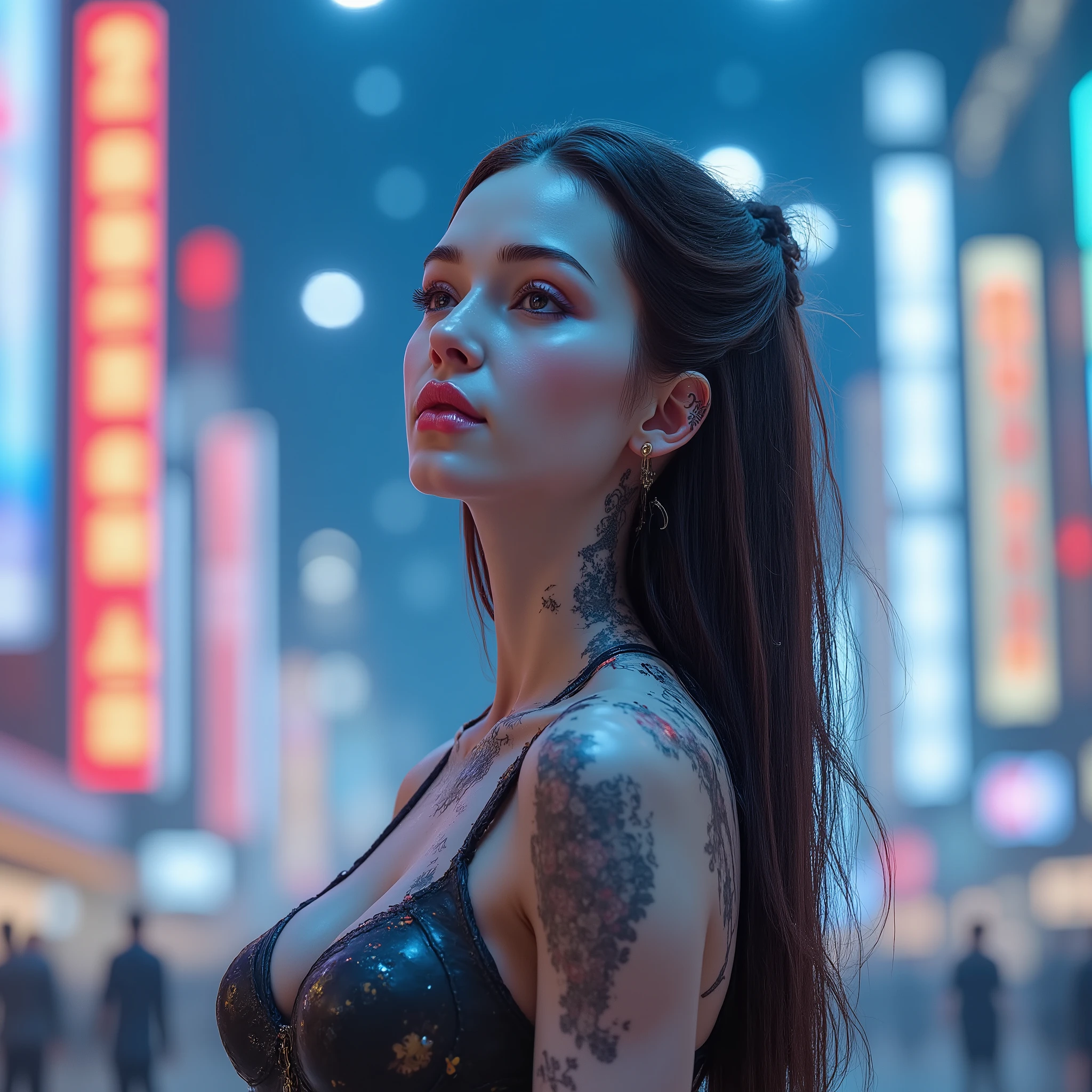 A beautiful young woman gazes dreamily up at the sky in a cyberpunk city. She looks like she stepped out of an anime poster. She's stunning, with a beautiful hourglass figure—gorgeous and sexy. The city is incredibly colorful. The woman has somewhat long hair. Her eyes are closed as she looks up at the sky, smiling. She has tattoos on her body, isn't wearing glasses, and is dressed in cyberpunk attire.