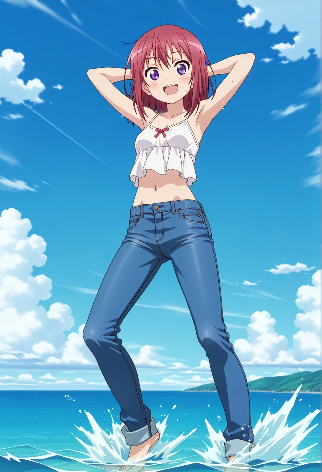 score_9, score_8_up, score_7_up, source_anime, highres, hi res, ((best quality, top quality, perfect quality, Highest Quality, amazing quality)), {{masterpiece}}, {{an extremely delicate and beautiful}}, 2d, intricate details, official style, anime, 8k, anime style, official_anime, official art, digital painting, cell shading, soft shading, high resolution, soothing tones, Subdued Color, Soft cinematic light, adobe lightroom, photolab, HDR, intricately and hyper-detailed, ((high quality animation)), 1 girl, Alone, solo, ((ocean)), tsunami, on the water, day, sunny, outdoors, sky, windy, Kanzaki Tomoyo, Inou Battle wa Nichijou-kei no Naka de, purple eyes, red hair, medium hair, anime coloring, anime screencap, small , white camisole top, crop top, white crop top, best quality, hyper-detailed jeans, ((blue jeans:1.9)), (dark blue jeans:0.6), full medium body, medium shot, Open mouth, smiling, happy face, blush, sweat, standing, ((arms behind head:6.0)), ((perfect arm line:2.5)), bowlegged, jumping pose, action, looking at viewer, , Bend knees slightly, straight-on front view