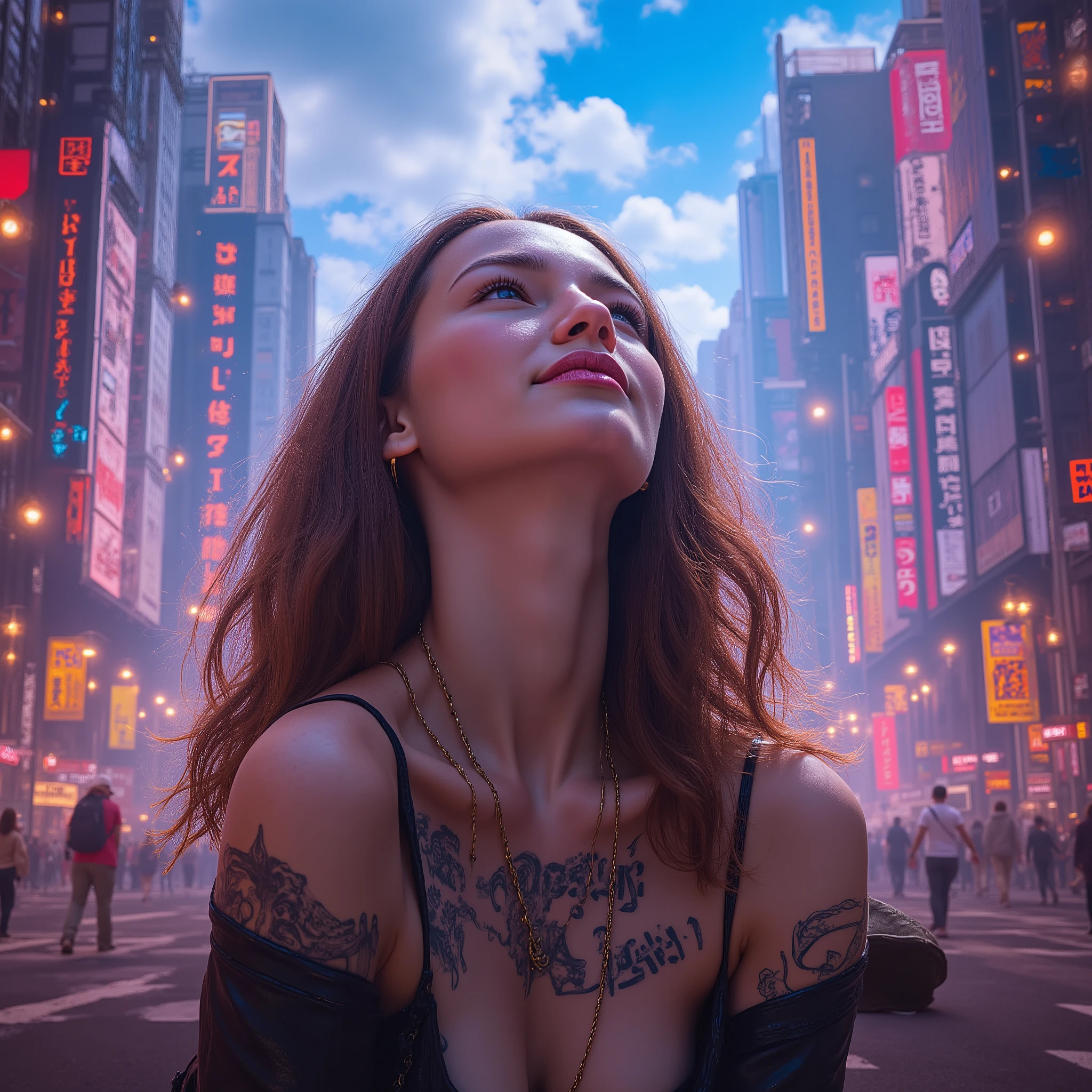 A beautiful young woman gazes dreamily up at the sky in a cyberpunk city. She looks like she stepped out of an anime poster. She's stunning, with a beautiful hourglass figure—gorgeous and sexy. The city is incredibly colorful. The woman has somewhat long hair. Her eyes are closed as she looks up at the sky, smiling. She has tattoos on her body, isn't wearing glasses, and is dressed in cyberpunk attire.