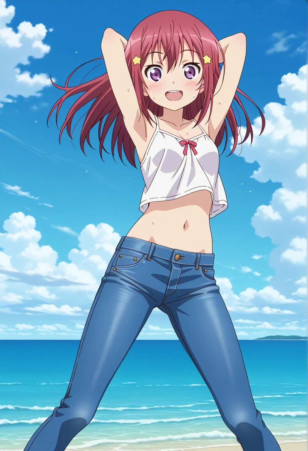 score_9, score_8_up, score_7_up, source_anime, highres, hi res, ((best quality, top quality, perfect quality, Highest Quality, amazing quality)), {{masterpiece}}, {{an extremely delicate and beautiful}}, 2d, intricate details, official style, anime, 8k, anime style, official_anime, official art, digital painting, cell shading, soft shading, high resolution, soothing tones, Subdued Color, Soft cinematic light, adobe lightroom, photolab, HDR, intricately and hyper-detailed, ((high quality animation)), 1 girl, Alone, solo, ((ocean)), tsunami, on the water, day, sunny, outdoors, sky, windy, Kanzaki Tomoyo, Inou Battle wa Nichijou-kei no Naka de, purple eyes, red hair, semi-long hair, anime coloring, anime screencap, small , white camisole top, crop top, white crop top, best quality, hyper-detailed jeans, ((blue jeans:1.9)), (dark blue jeans:0.6), full medium body, medium shot, Open mouth, smiling, happy face, blush, sweat, standing, ((arms behind head:6.0)), ((perfect arm line:2.5)), bowlegged, jumping pose, action, looking at viewer, , Bend knees slightly, straight-on front view