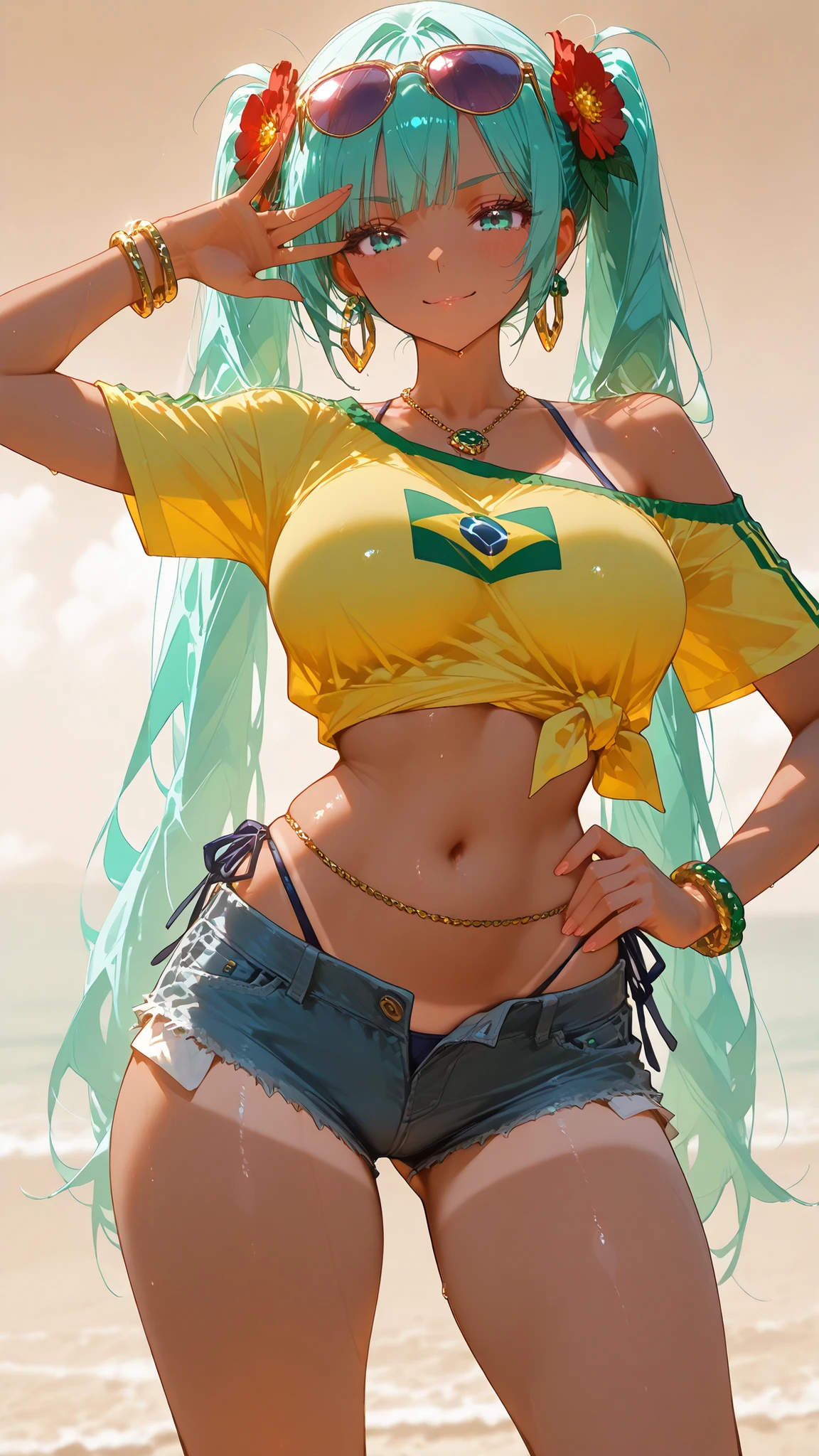 8k wallpaper 、 best quality 、Masterpiece、masterpiece ,Super Detailed, large , thick thighs, uncensored ,beautiful face,cute,1girl,brmeek, twintails, aqua hair , aqua eyes , very long hair, dark-skinned female, tanlines,hair flower, hoop earrings, eyewear on head, necklace, yellow shirt, midriff, jewelry, belly chain, bracelet, under clothes, side-tie bottom, short shorts, denim,,brazilian flag print,,single shoulder, side tie, tied shirt,,、beach Background 、 simple background 、 posing , in a and and graceful pose, standing , one hand own hip , eyes, blush, smile , view from the front