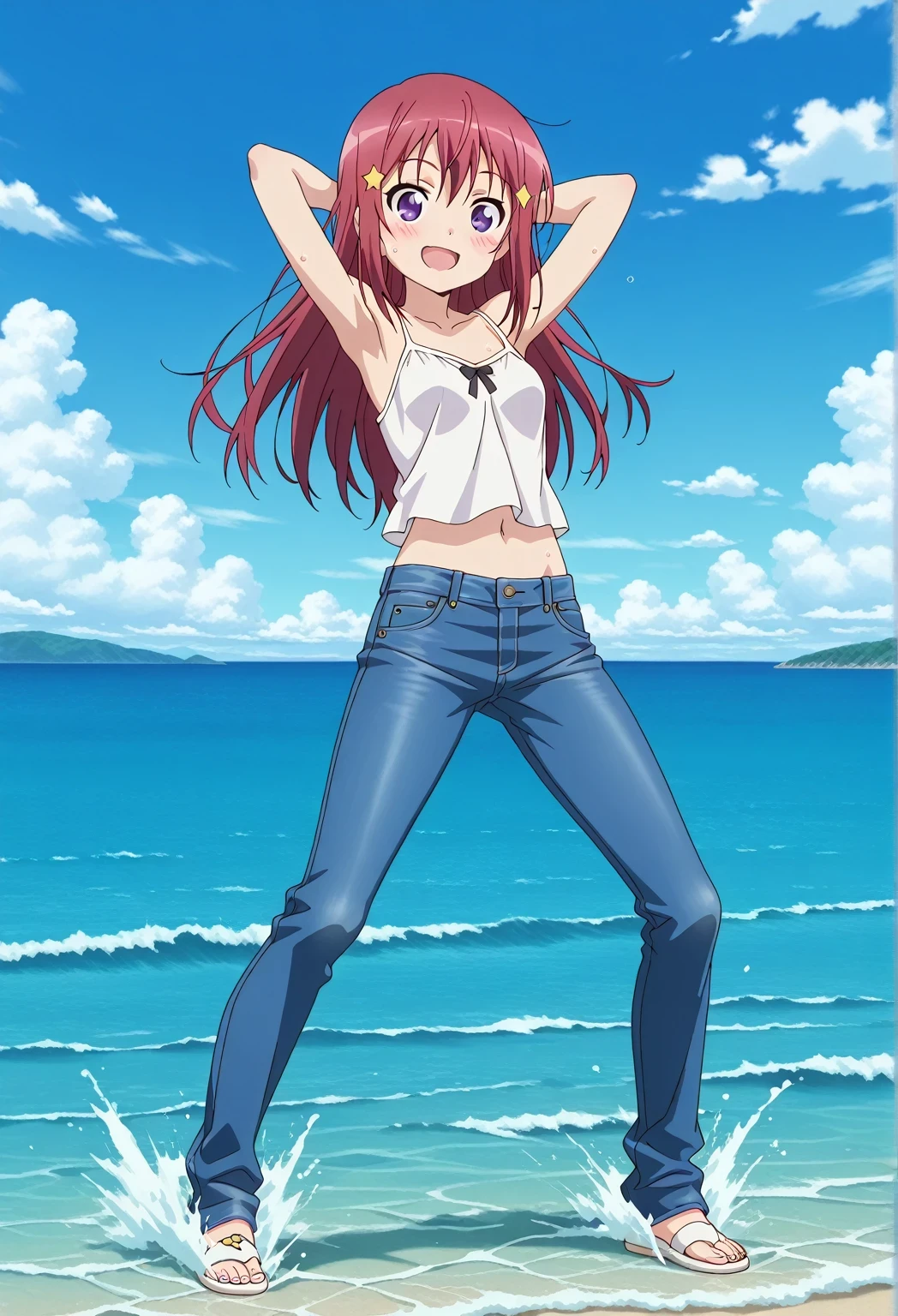 score_9, score_8_up, score_7_up, source_anime, highres, hi res, ((best quality, top quality, perfect quality, Highest Quality, amazing quality)), {{masterpiece}}, {{an extremely delicate and beautiful}}, 2d, intricate details, official style, anime, 8k, anime style, official_anime, official art, digital painting, cell shading, soft shading, high resolution, soothing tones, Subdued Color, Soft cinematic light, adobe lightroom, photolab, HDR, intricately and hyper-detailed, ((high quality animation)), 1 girl, Alone, solo, ((ocean)), tsunami, on the water, day, sunny, outdoors, sky, windy, Kanzaki Tomoyo, Inou Battle wa Nichijou-kei no Naka de, purple eyes, red hair, semi-long hair, anime coloring, anime screencap, small , white camisole top, crop top, white crop top, best quality, hyper-detailed jeans, ((blue jeans:1.9)), (dark blue jeans:0.6), full medium body, medium shot, Open mouth, smiling, happy face, blush, sweat, standing, ((arms behind head:6.0)), ((perfect arm line:2.5)), bowlegged, jumping pose, action, looking at viewer, , Bend knees slightly, straight-on front view