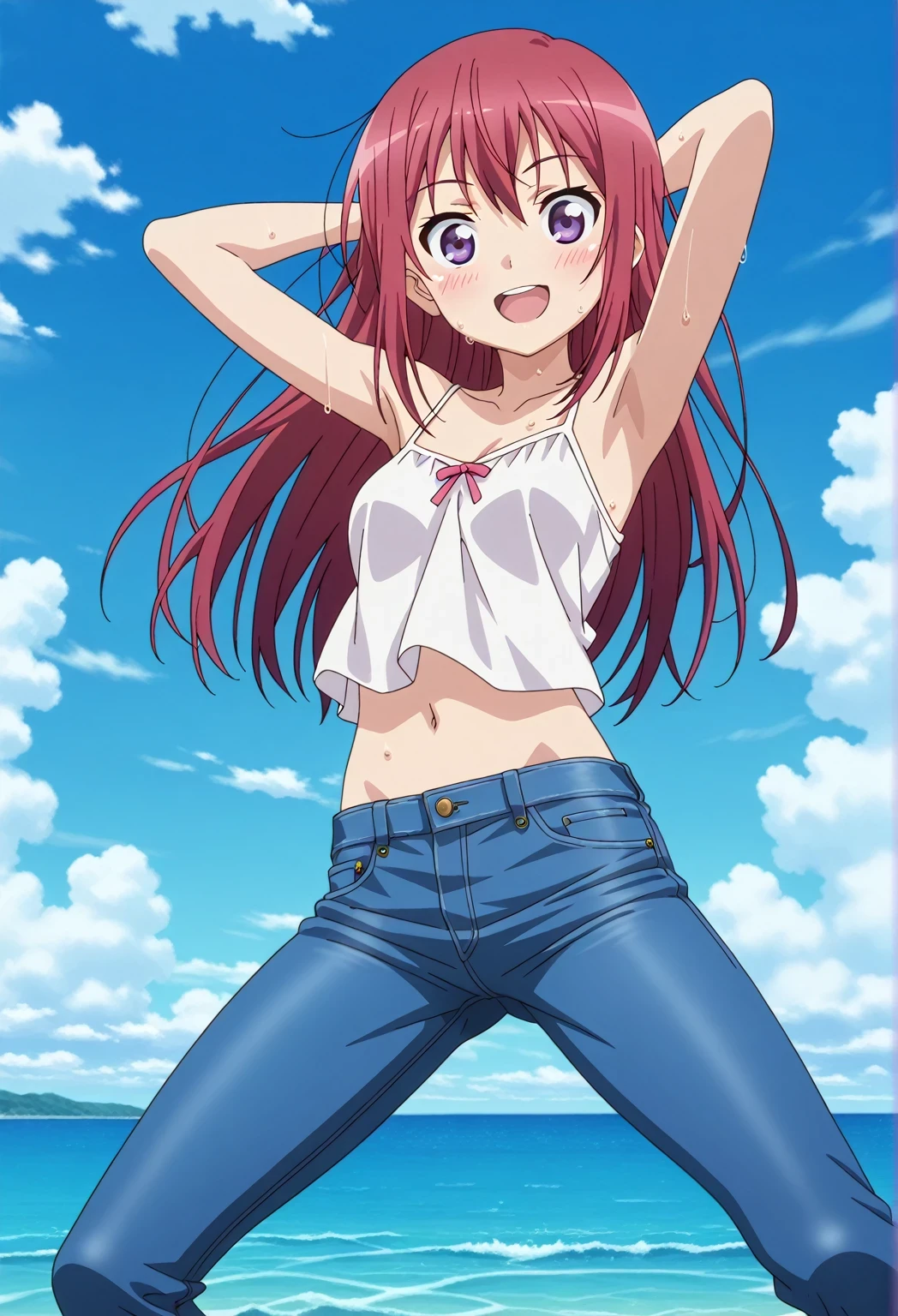 score_9, score_8_up, score_7_up, source_anime, highres, hi res, ((best quality, top quality, perfect quality, Highest Quality, amazing quality)), {{masterpiece}}, {{an extremely delicate and beautiful}}, 2d, intricate details, official style, anime, 8k, anime style, official_anime, official art, digital painting, cell shading, soft shading, high resolution, soothing tones, Subdued Color, Soft cinematic light, adobe lightroom, photolab, HDR, intricately and hyper-detailed, ((high quality animation)), 1 girl, Alone, solo, ((ocean)), tsunami, on the water, day, sunny, outdoors, sky, windy, Kanzaki Tomoyo, Inou Battle wa Nichijou-kei no Naka de, purple eyes, red hair, semi-long hair, anime coloring, anime screencap, small , white camisole top, crop top, white crop top, best quality, hyper-detailed jeans, ((blue jeans:1.9)), (dark blue jeans:0.6), full medium body, medium shot, Open mouth, smiling, happy face, blush, sweat, standing, ((arms behind head:6.0)), ((perfect arm line:2.5)), bowlegged, jumping pose, action, looking at viewer, , Bend knees slightly, straight-on front view