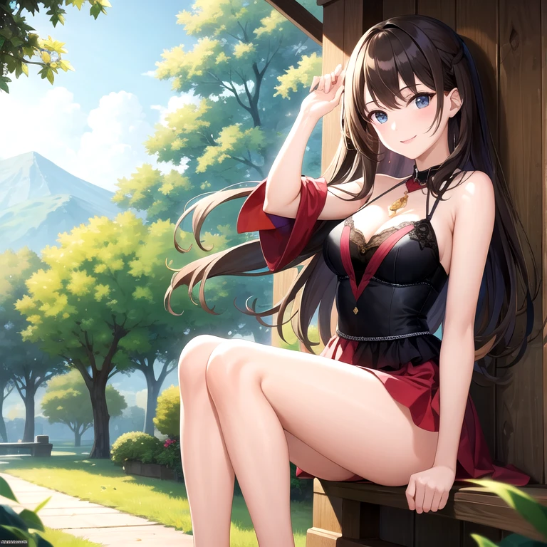 masterpiece, top quality, super detailed, high resolution, (ink painting style), excellent , beautiful 1 woman, wavy hair, brown hair, , cleavage, wearing black tank top cropped and maxi pencil skirt, (long skirt:1.3),  belly, belly button, necklace, (summer, garden in the city), looking at viewer, light smile, leaning back, (cowboy shot:1.2), best light, best shadow, mysterious, perfect face, highly detailed,