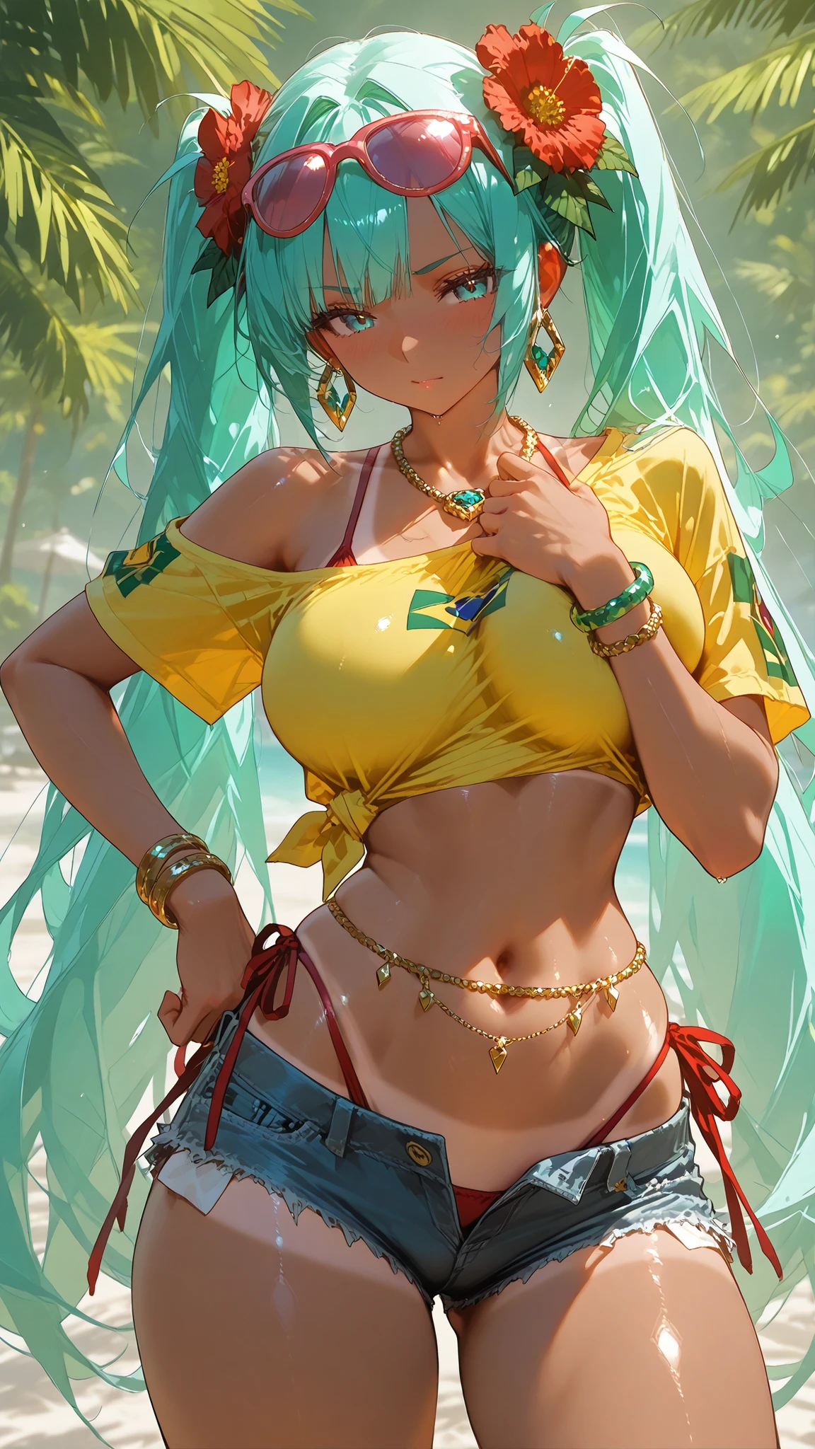 8k wallpaper 、 best quality 、Masterpiece、masterpiece ,Super Detailed, large , thick thighs, uncensored ,beautiful face,cute,1girl,brmeek, twintails, aqua hair , aqua eyes , very long hair, dark-skinned female, tanlines,hair flower, hoop earrings, eyewear on head, necklace, yellow shirt, midriff, jewelry, belly chain, bracelet, under clothes, side-tie bottom, short shorts, denim,,brazilian flag print,,single shoulder, side tie, tied shirt,,、beach Background 、 beautiful background 、 posing , in a and and graceful pose, standing , one hand own hip , eyes, blush, view from the front