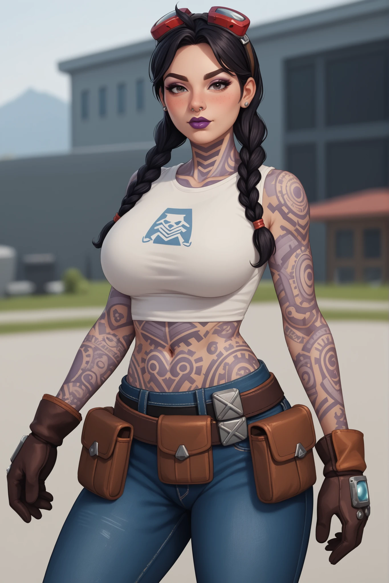 score_9,score_8_up,score_7_up,score_6_up, high contrast, photorealism, depth of field, looking at viewer, 1girl, sexy, seductive, alluring, mature, huge breasts, thick eyebrows, thick eyeliner, dark eyeshadow, full lips,
BREAK
JulesFN, twin braids, black hair, huge breasts, blushing, red googles on head, tantkop, midriff, crop top, jeans, full-body tattoo, gloves, belt pouch, nose ring, purple lips, knee pads,