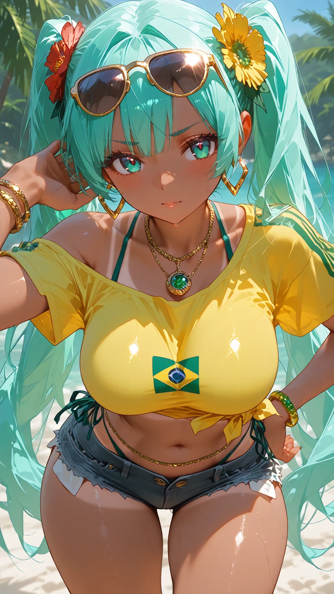 8k wallpaper 、 best quality 、Masterpiece、masterpiece ,Super Detailed, large , thick thighs, uncensored ,beautiful face,cute,1girl,brmeek, twintails, aqua hair , aqua eyes , very long hair, dark-skinned female, tanlines,hair flower, hoop earrings, eyewear on head, necklace, yellow shirt, midriff, jewelry, belly chain, bracelet, under clothes, side-tie bottom, short shorts, denim,,brazilian flag print,,single shoulder, side tie, tied shirt,,、beach Background 、 beautiful background 、 posing , in a and and graceful pose, standing , one hand own hip, leaning forward, eyes, blush, view from the front