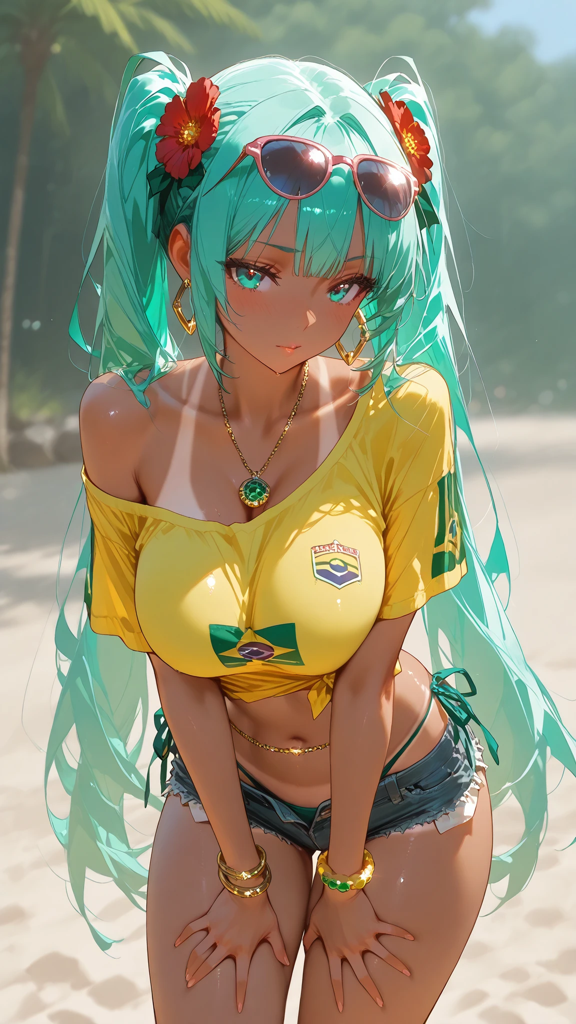 8k wallpaper 、 best quality 、Masterpiece、masterpiece ,Super Detailed, large , thick thighs, uncensored ,beautiful face,cute,1girl,brmeek, twintails, aqua hair , aqua eyes , very long hair, dark-skinned female, tanlines,hair flower, hoop earrings, eyewear on head, necklace, yellow shirt, midriff, jewelry, belly chain, bracelet, under clothes, side-tie bottom, short shorts, denim,,brazilian flag print,,single shoulder, side tie, tied shirt,,、beach Background 、 beautiful background 、 posing , in a and and graceful pose, standing , hands on thighs, leaning forward, eyes, blush, view from the side