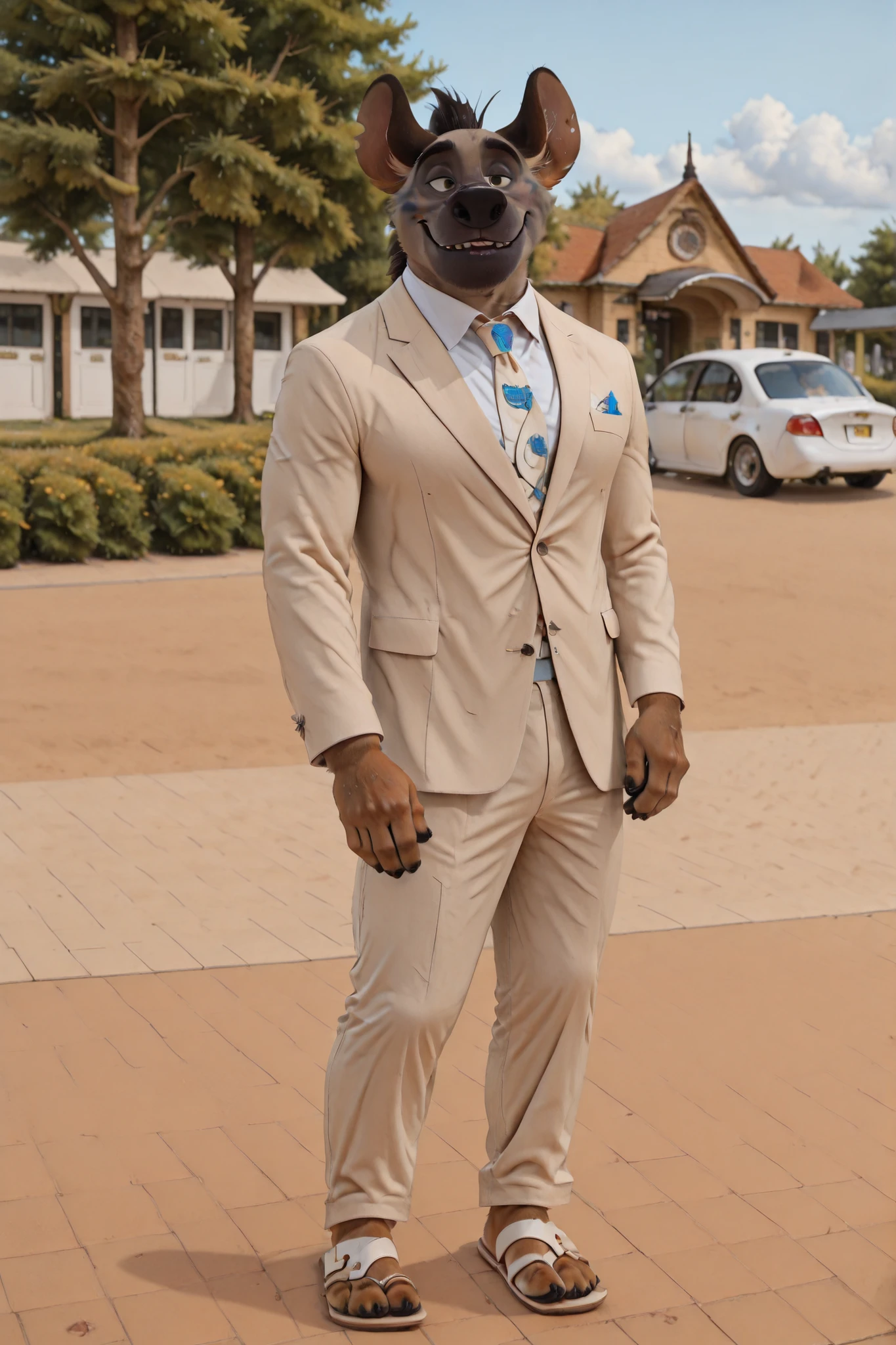 (((Chungu))), hyena boy, college student, bara, solo, barefoot, plantigrade, nice furry feet, blue and white formal suit, porcelain drawing pattern, long pants, weraing sandals, white sandals, ((PRGN2221_SANDALS)), toe ring sandals, bigtoe loop sandals, intricate background, university campus, bokeh, inspiring, moody lights,
BREAK, intricate details, highly detailed, extreme detail, octane render, fine art, best quality, highres, (detailed face:1.5), ((full_body)), UHD, (((perfect hands))), low light, anime