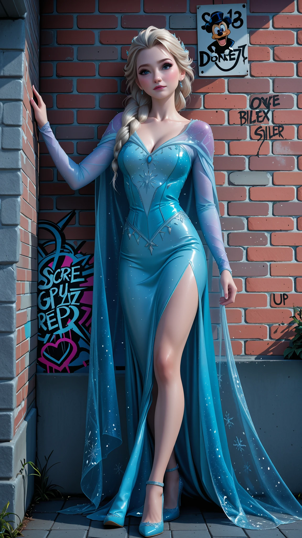 score_9, score_8_up, score_7_up, score_6_up, cinematic film still, 1girl, full frontal view,, Disney 3D render, , elsa de frozen, , front, slimlegs, massive slider breasts, , tight vinyl clothing , , transparent cloth, 3D , Disney style , ,, brick wall with graffiti at background