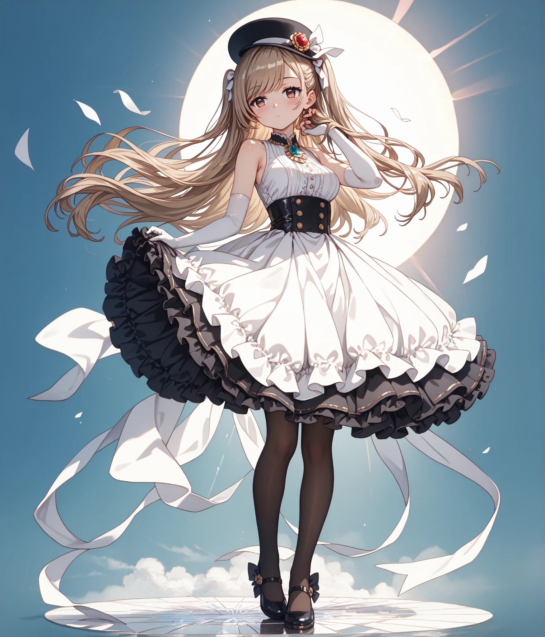 Girl Standing On Water、blonde、Wavy Hair、blue eyes、semi-long、apron dress、beautiful eyes、Sparkling、Standing Girl、one girl、１４age、Beautiful scenery、moonlight、big moon in the background、high resolution、night view、The Lost City、long hair、barefoot、whole body、A blizzard of falling flowers、pretty fingers、beautiful feet、small 、