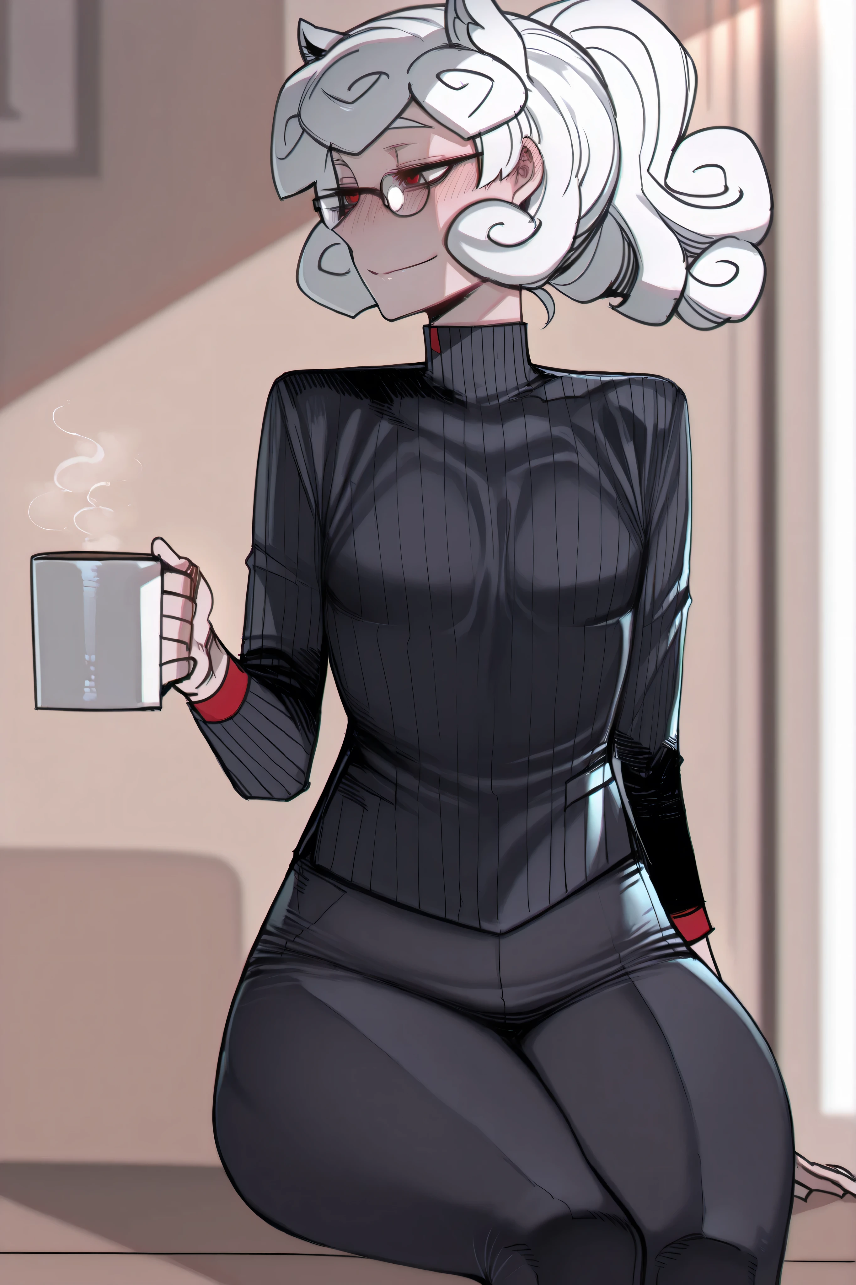 Ratatatat74 style,  masterpiece, best quality, artist:(Ratatatat74) 1girl, Pandemonica from Helltaker wearing black leggings and a red turtleneck sweate red. Happily sipping coffee, cheeks slightly flushed, enjoying coffee, a coffee shop with warm sunlight, a cozy atmosphere. She sits, thick thighs, slim waist, small breasts. Image for profile picture, Glasses, smile