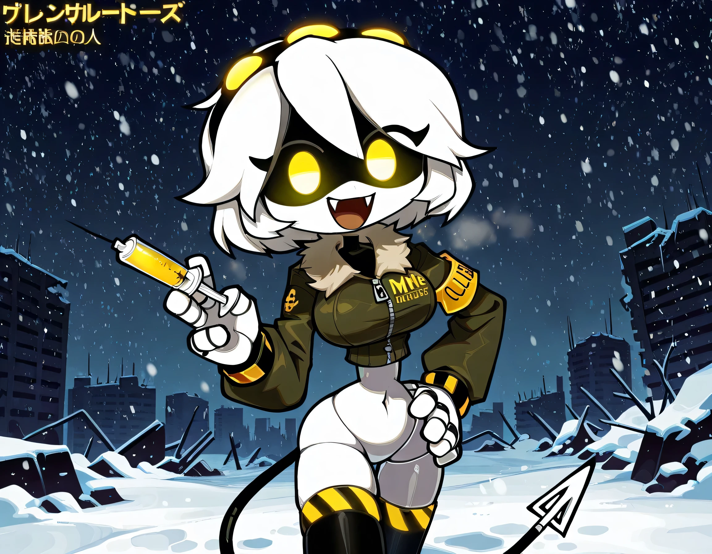 masterpiece, ultra-HD, impressionism, high detail, best quality, very aesthetic, 8k, best quality, beautiful, tmchng , Serial Designation V (Murder Drones), solo , humanoid robot, robot joints, hairband, short white hair, yellow eyes, virtual led eyes, smile, open mouth, fangs, looking at viewer, fur-trimmed black jacket, armband , big breast , tail syringe, thighs , hand on hip , outdoors, snow, snowing, winter, night, dark, destroyed city, ruins,