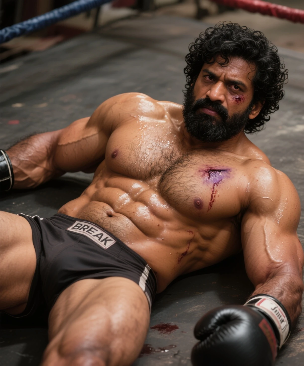 10-year-old rural werewolf boy，Red skin，Topless，barefoot，The muscles are plump and shiny，Huge pectoral muscles，sweat，Armpit Hair，Leg hair，chest hair，Lying down