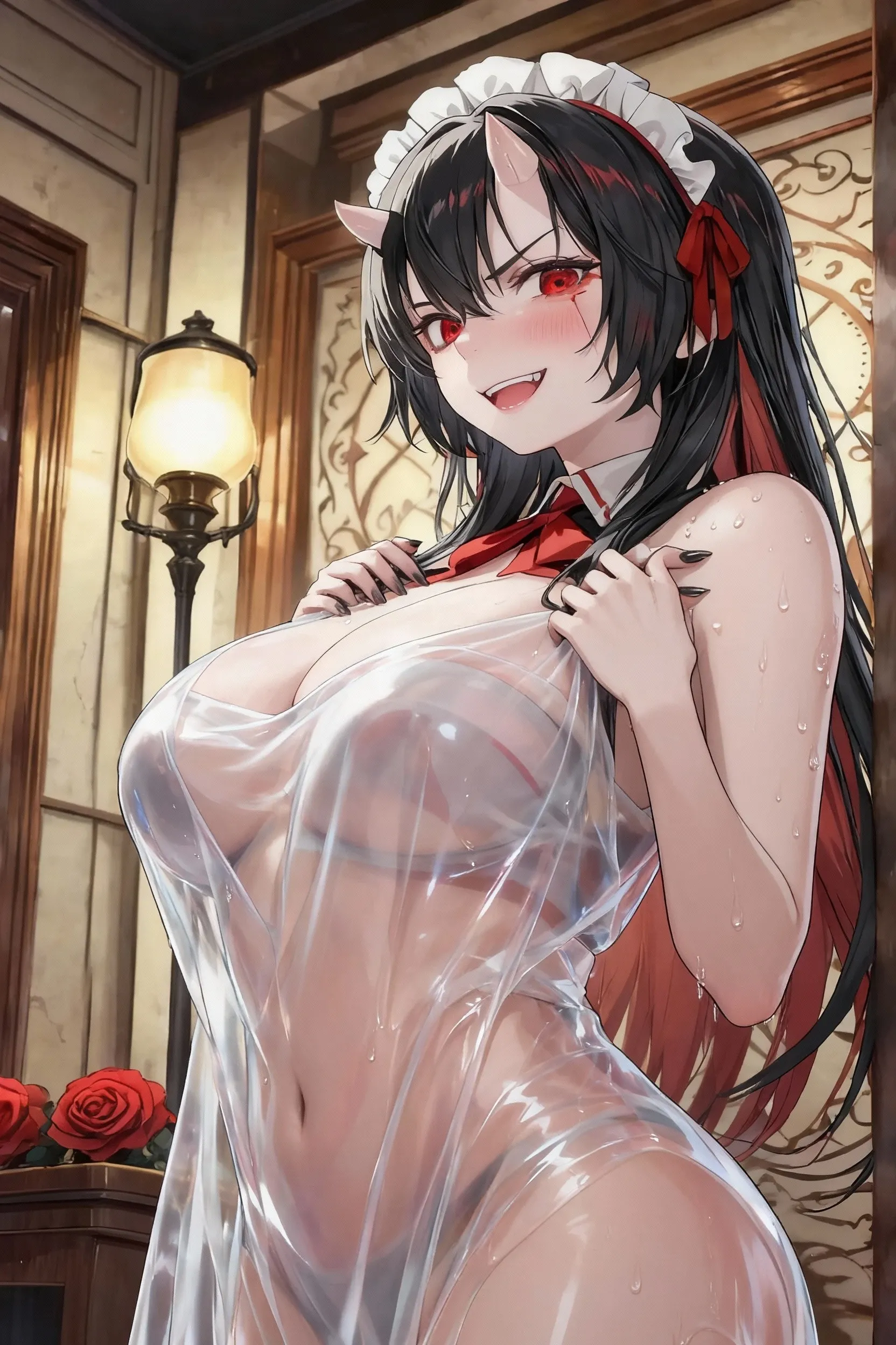 high quality, masterpiece, super detailed, bottom view，1 girl,  extremely detailed faces, Red lace bikini，maid crown，Kneeling on the ground，handcuffs，collar，Calm expression,Blood-red lips，Smile，handcuffs，collar，long black hair, charming pink eyes, fox ears, Ridiculously big, shiny skin, wooden floor，medieval town