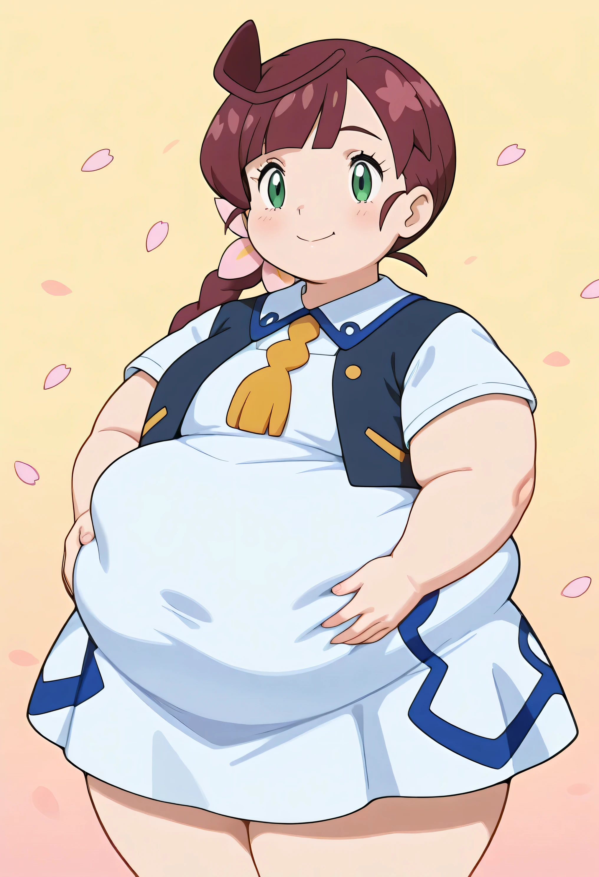 the best quality, good quality, amazing quality, very aesthetic, open black leather jacket, masterpiece, 1girl, Aachloe , long hair, brown hair, braided ponytail, choke, green eyes, school uniform, neck tassel , collared dress, white dress, short sleeves, Standing, cowboy shot, al aire libre, charming smile, mouth shut, Petals, hands on her own belly, morbidly obese, chubby face