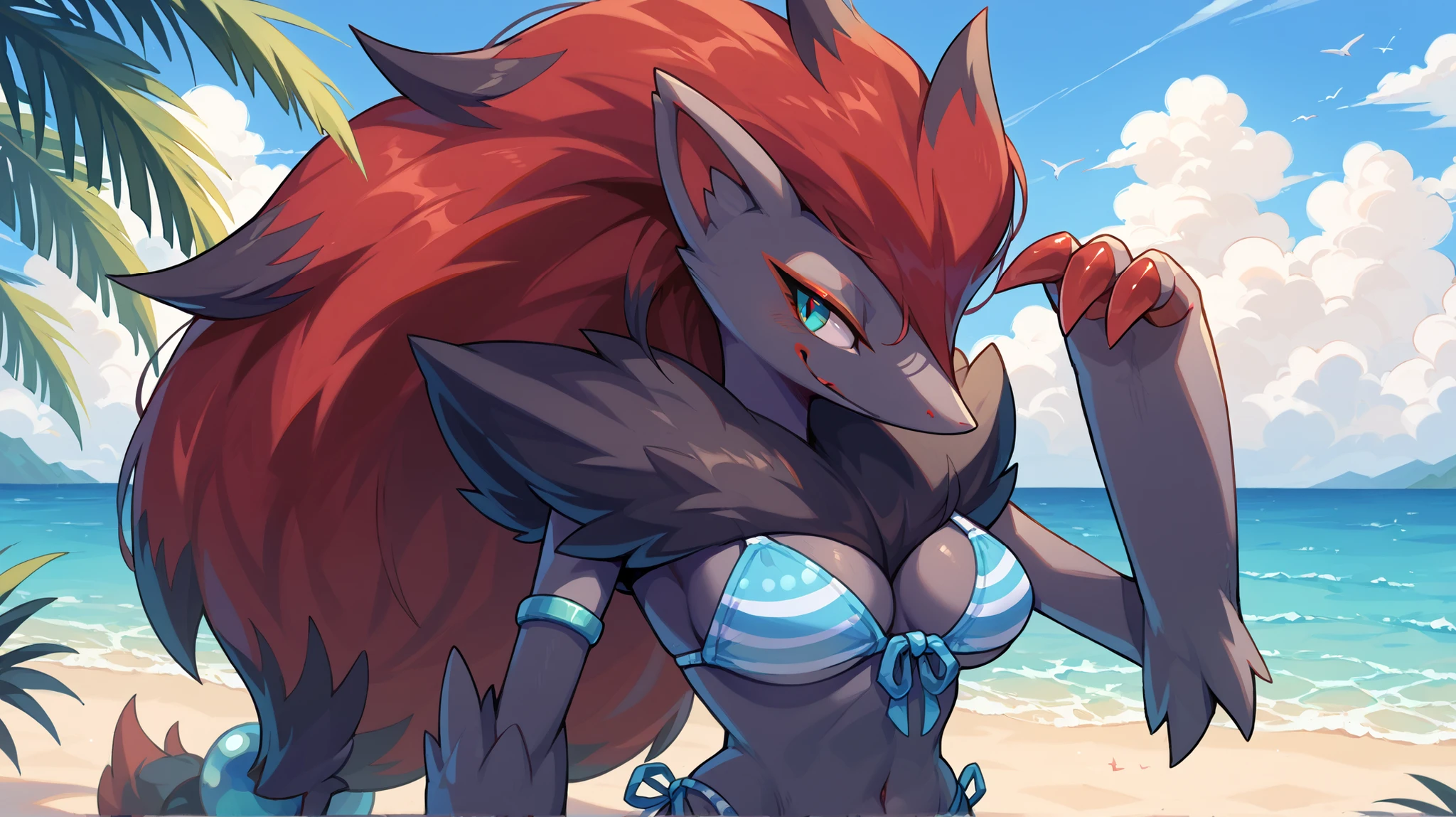 masterpiece, best quality, A solo female Zoroark with medium sized breast wearing a white in light blue outline bikini standing at a beach tidying up her purple and black mix hair. The Zoroark is facing three quarters to the left. The Zoroark has a blue right eye and red left eye. The Zoroark looks to the left and gives out a gentle smile. The sky is light blue and have a line of clouds at the horizon.