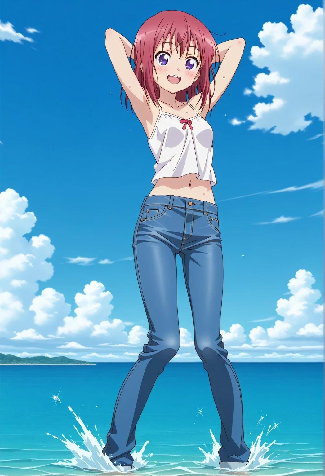 score_9, score_8_up, score_7_up, source_anime, highres, hi res, ((best quality, top quality, perfect quality, Highest Quality, amazing quality)), {{masterpiece}}, {{an extremely delicate and beautiful}}, 2d, intricate details, official style, anime, 8k, anime style, official_anime, official art, digital painting, cell shading, soft shading, high resolution, soothing tones, Subdued Color, Soft cinematic light, adobe lightroom, photolab, HDR, intricately and hyper-detailed, ((high quality animation)), 1 girl, Alone, solo, ((ocean)), tsunami, on the water, day, sunny, outdoors, sky, windy, Kanzaki Tomoyo, Inou Battle wa Nichijou-kei no Naka de, purple eyes, red hair, medium hair, anime coloring, anime screencap, small , white camisole top, crop top, white crop top, best quality, hyper-detailed jeans, ((blue jeans:1.9)), (dark blue jeans:0.6), full medium body, medium shot, Open mouth, smiling, happy face, blush, sweat, standing, ((arms behind head:6.0)), ((perfect arm line:2.5)), bowlegged, jumping pose, action, looking at viewer, , Bend knees slightly, straight-on front view